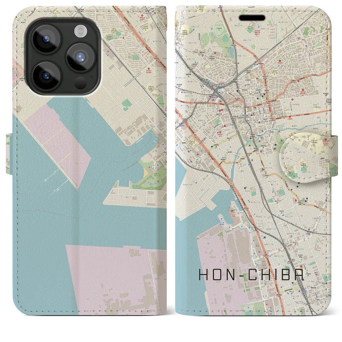 【本千葉】地図柄iPhoneケース（手帳両面タイプ・ナチュラル）iPhone 15 Pro Max 用