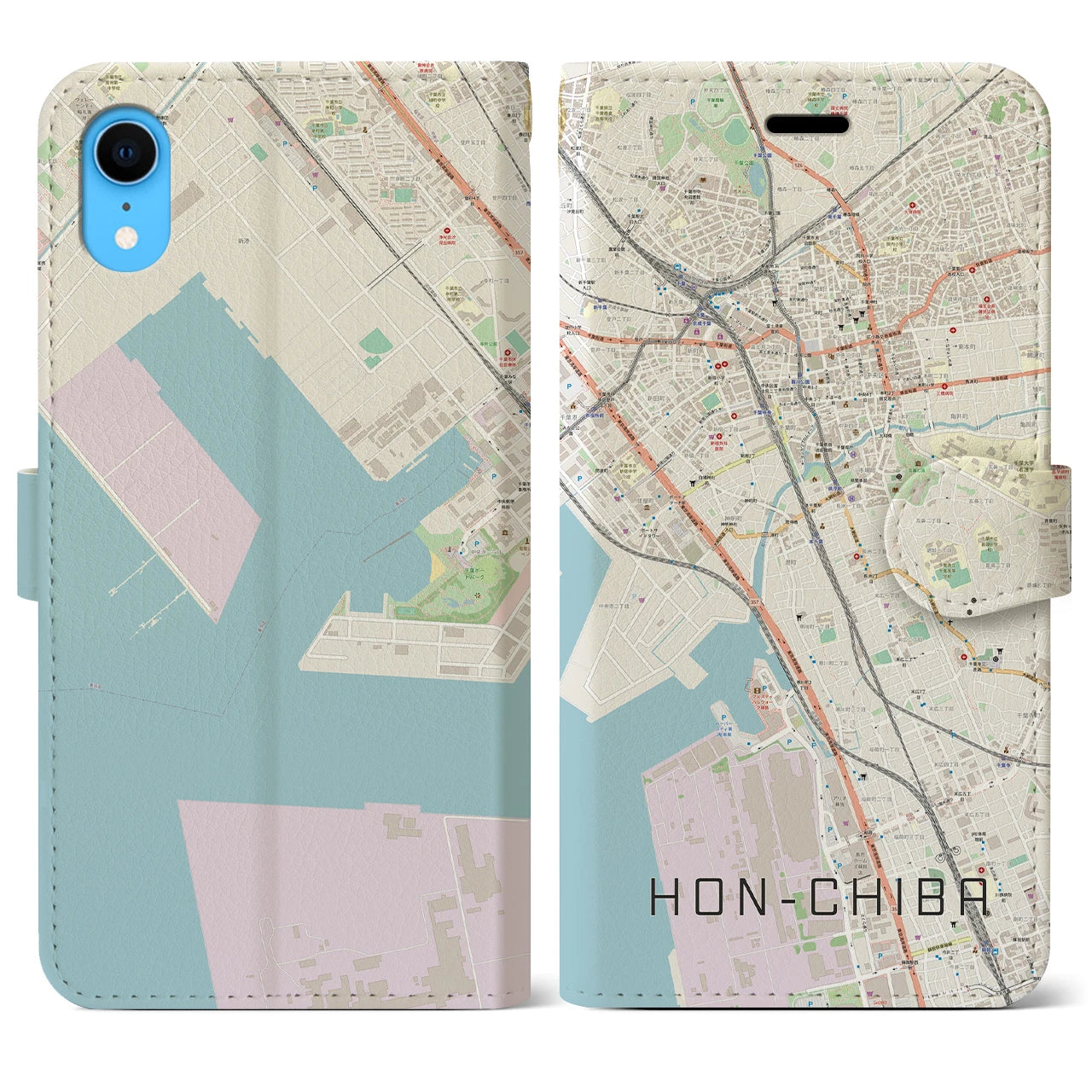 【本千葉】地図柄iPhoneケース（手帳両面タイプ・ナチュラル）iPhone XR 用