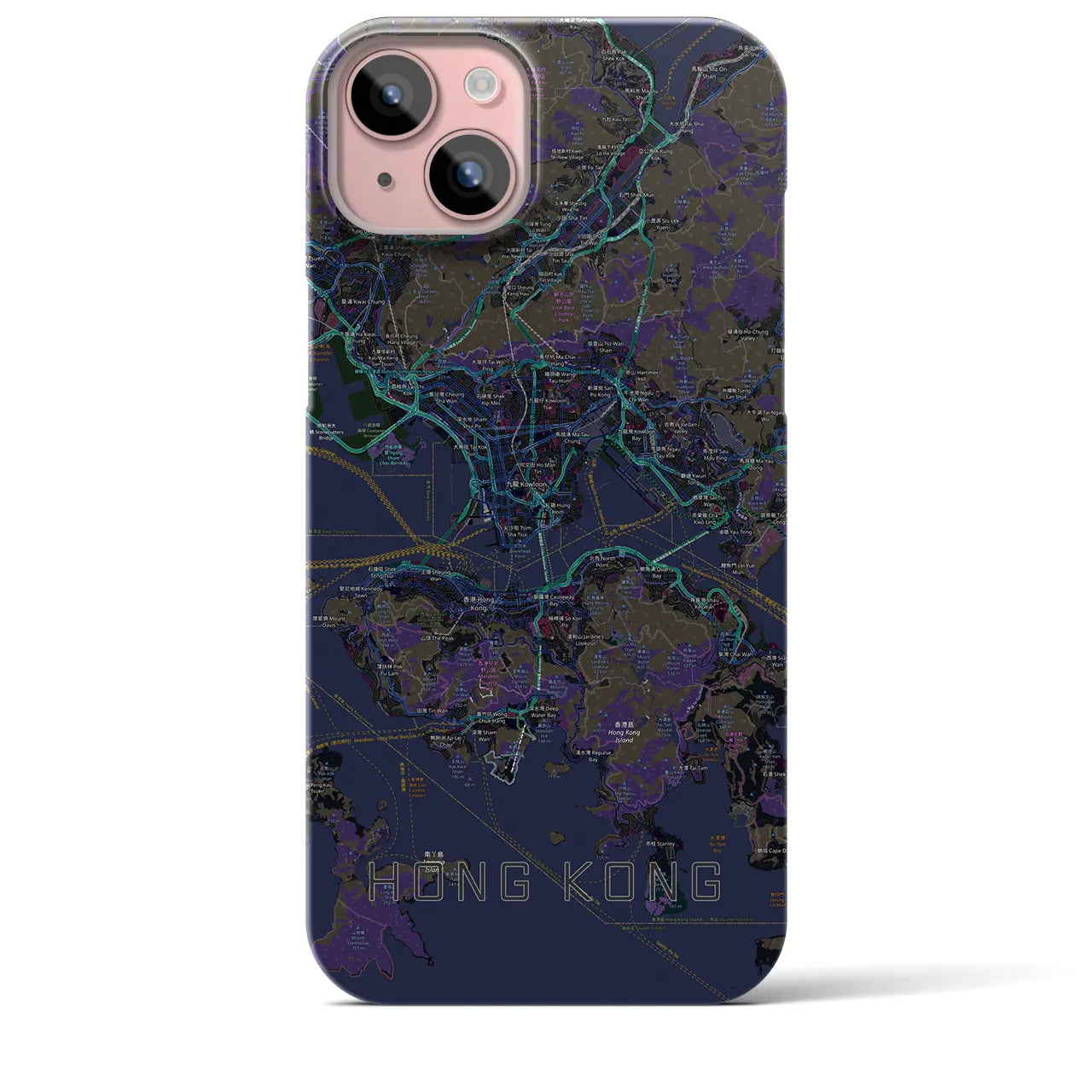 【香港】地図柄iPhoneケース（バックカバータイプ・ブラック）iPhone 15 Plus 用