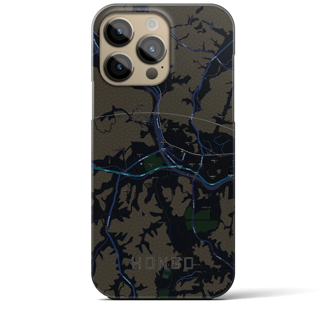 【本郷（広島県）】地図柄iPhoneケース（バックカバータイプ・ブラック）iPhone 14 Pro Max 用