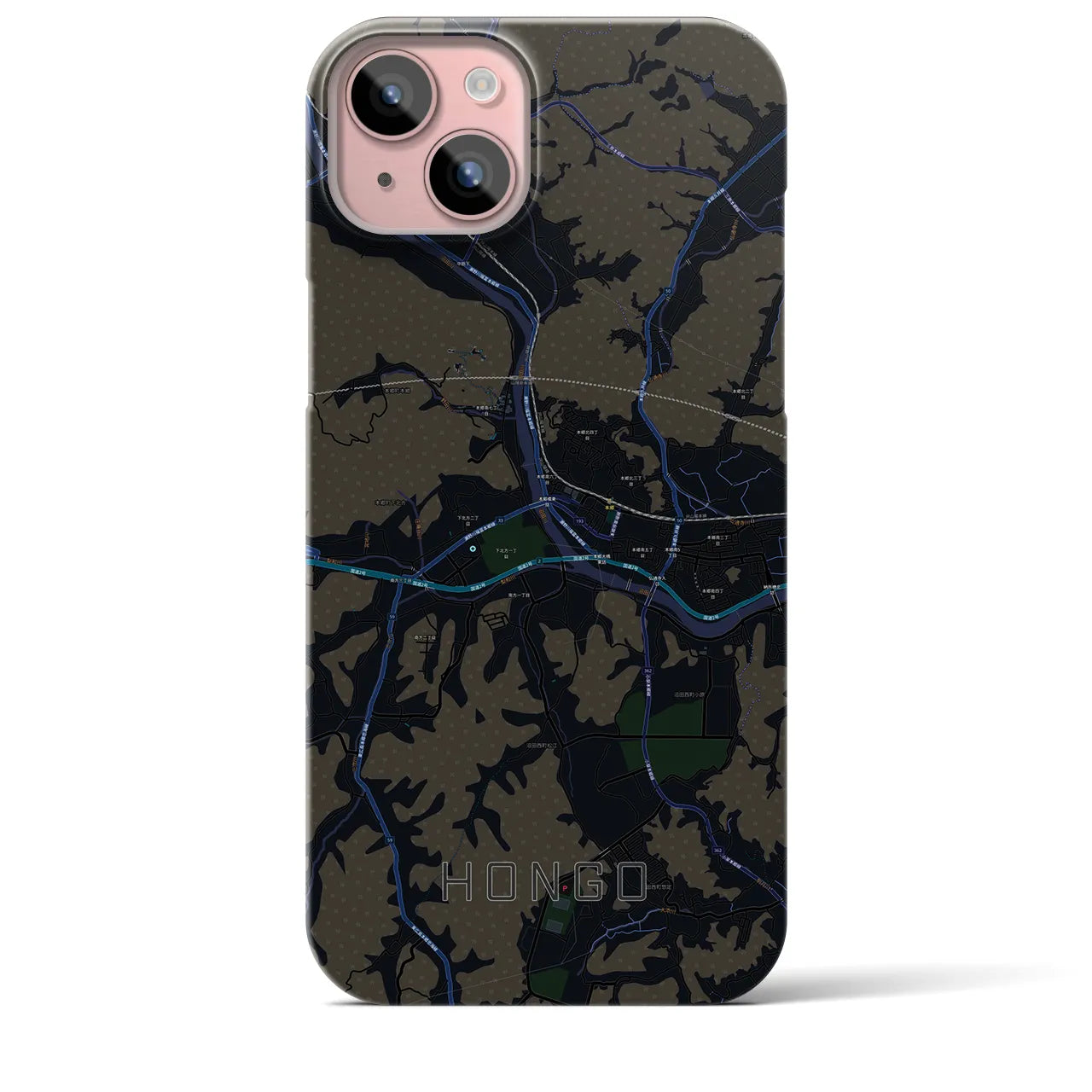 【本郷（広島県）】地図柄iPhoneケース（バックカバータイプ・ブラック）iPhone 15 Plus 用