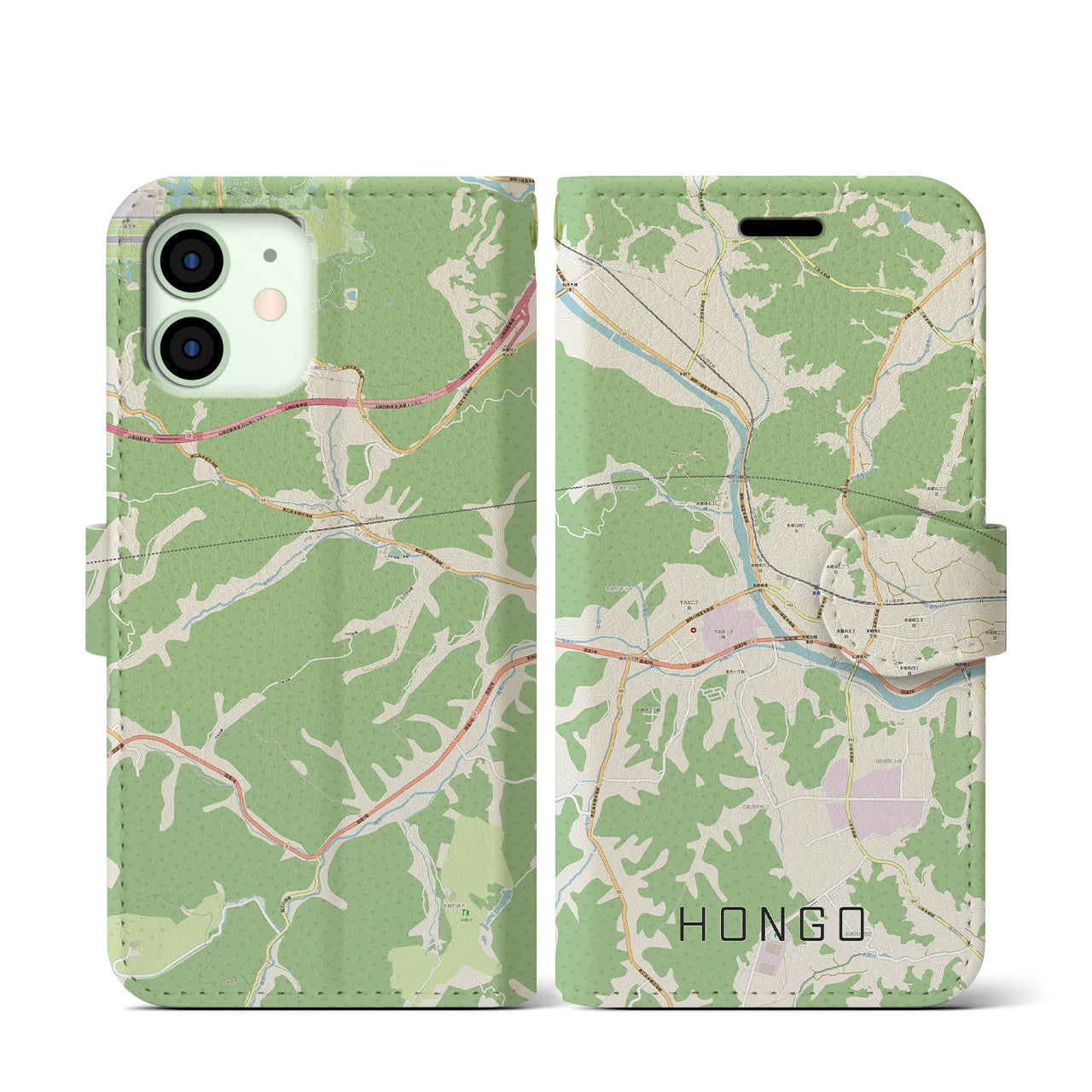 【本郷（広島県）】地図柄iPhoneケース（手帳両面タイプ・ナチュラル）iPhone 12 mini 用