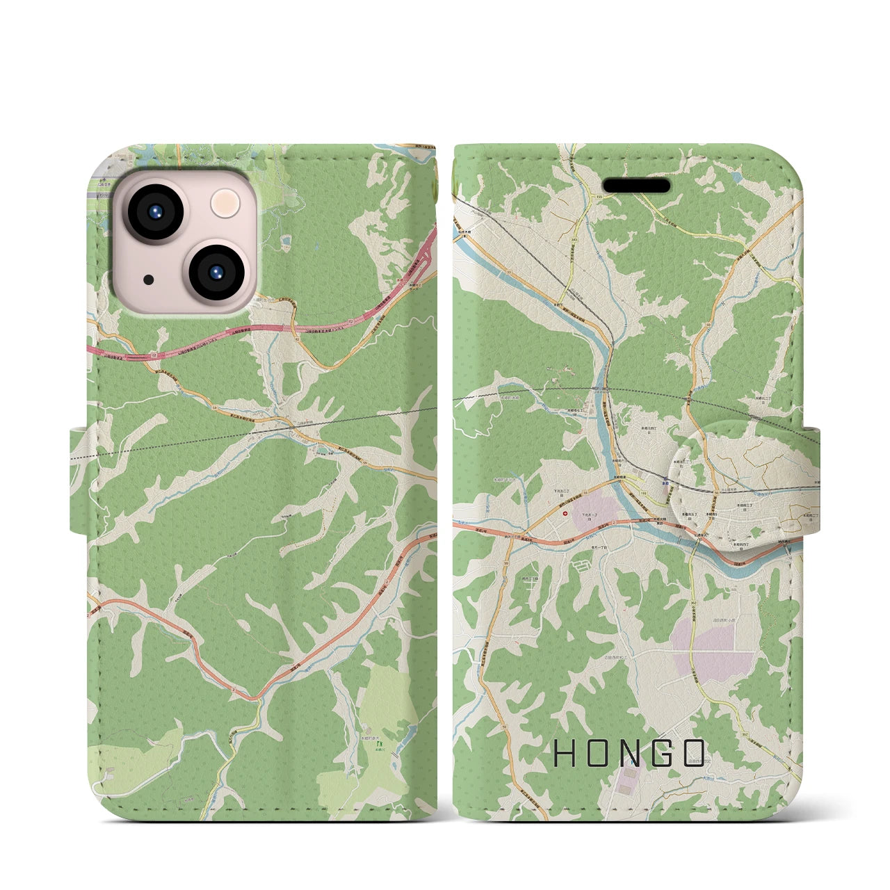 【本郷（広島県）】地図柄iPhoneケース（手帳両面タイプ・ナチュラル）iPhone 13 mini 用