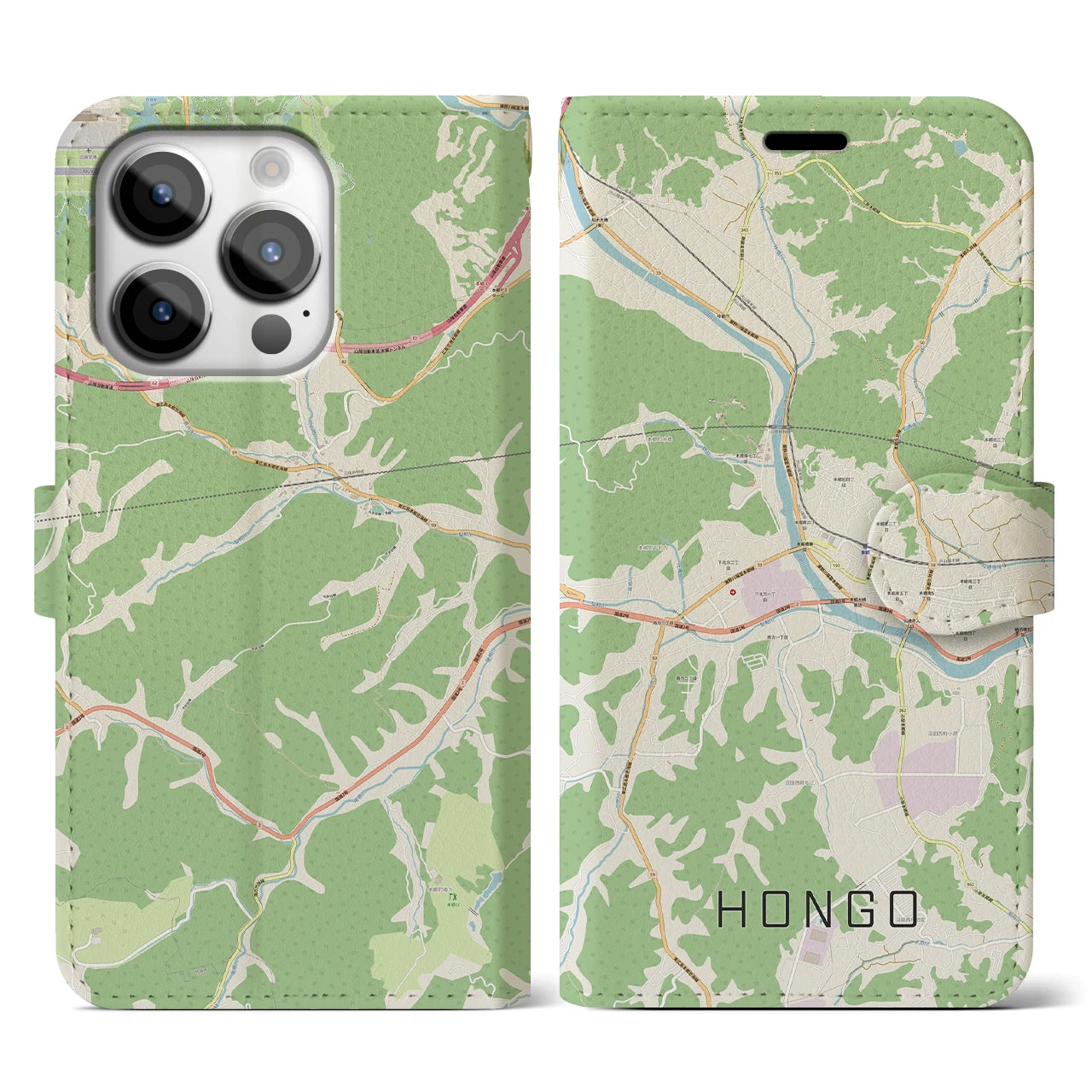 【本郷（広島県）】地図柄iPhoneケース（手帳両面タイプ・ナチュラル）iPhone 14 Pro 用