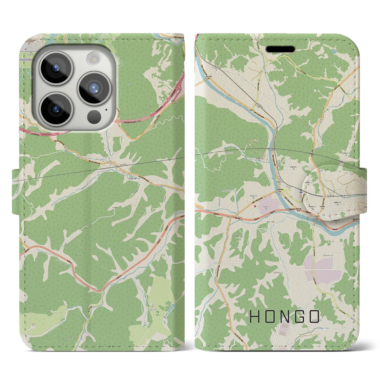 【本郷（広島県）】地図柄iPhoneケース（手帳両面タイプ・ナチュラル）iPhone 15 Pro 用