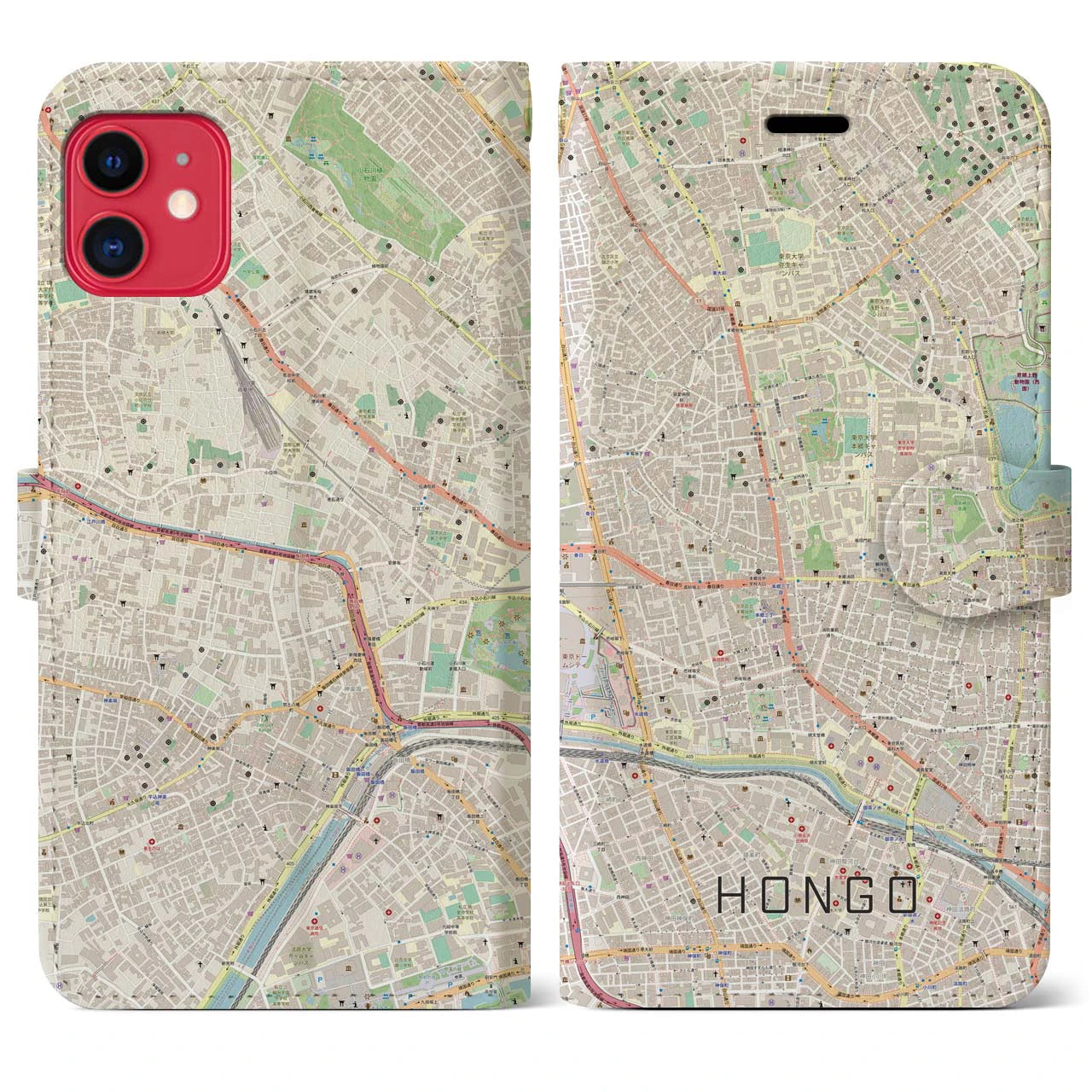 【本郷】地図柄iPhoneケース（手帳両面タイプ・ナチュラル）iPhone 11 用