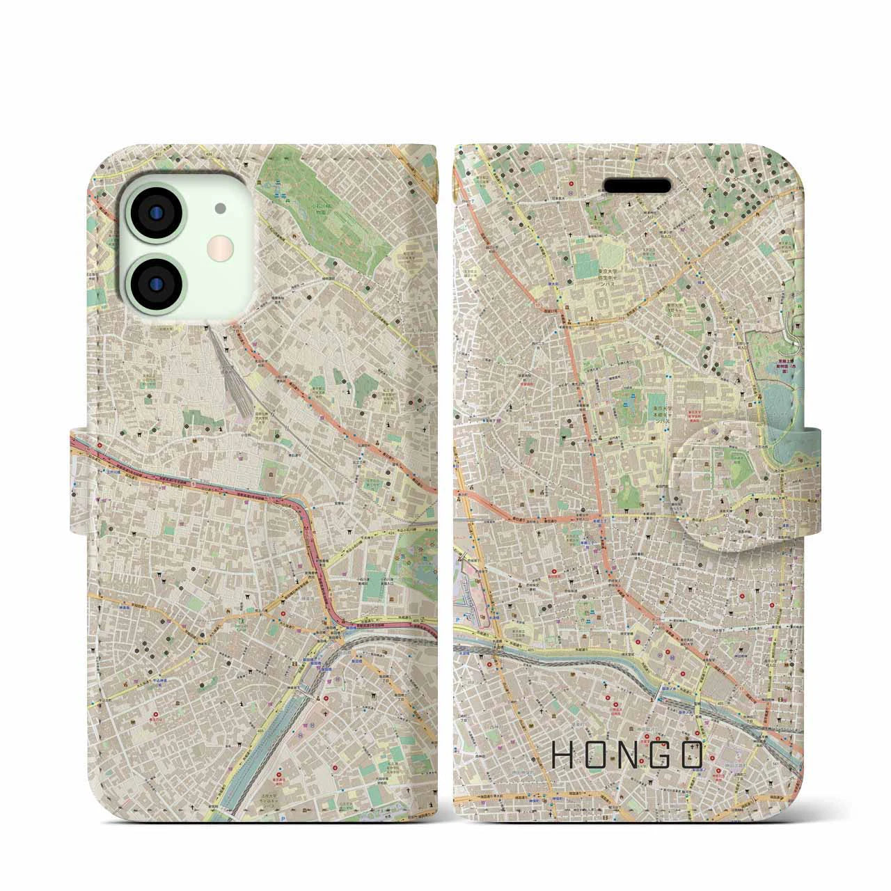 【本郷】地図柄iPhoneケース（手帳両面タイプ・ナチュラル）iPhone 12 mini 用