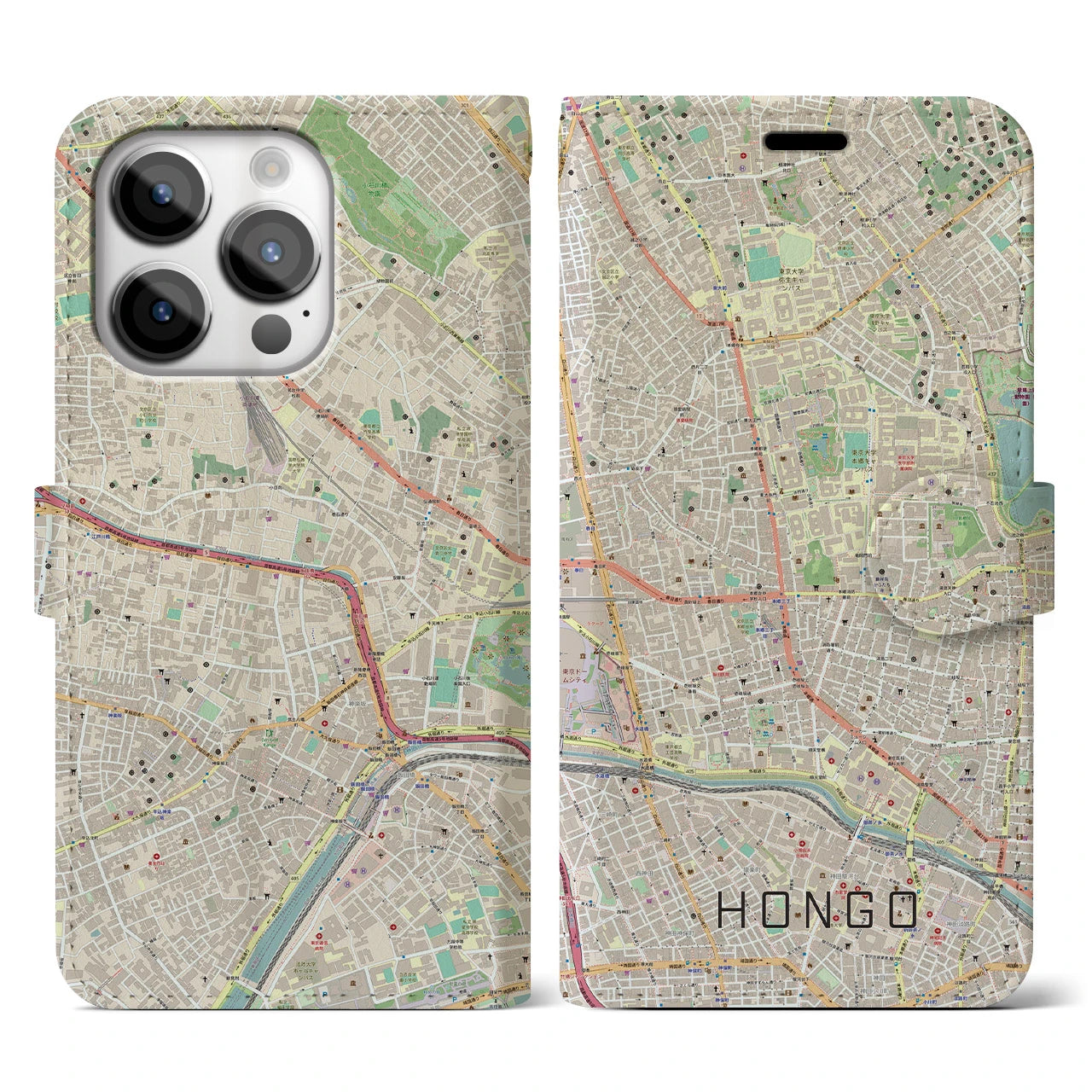 【本郷】地図柄iPhoneケース（手帳両面タイプ・ナチュラル）iPhone 14 Pro 用