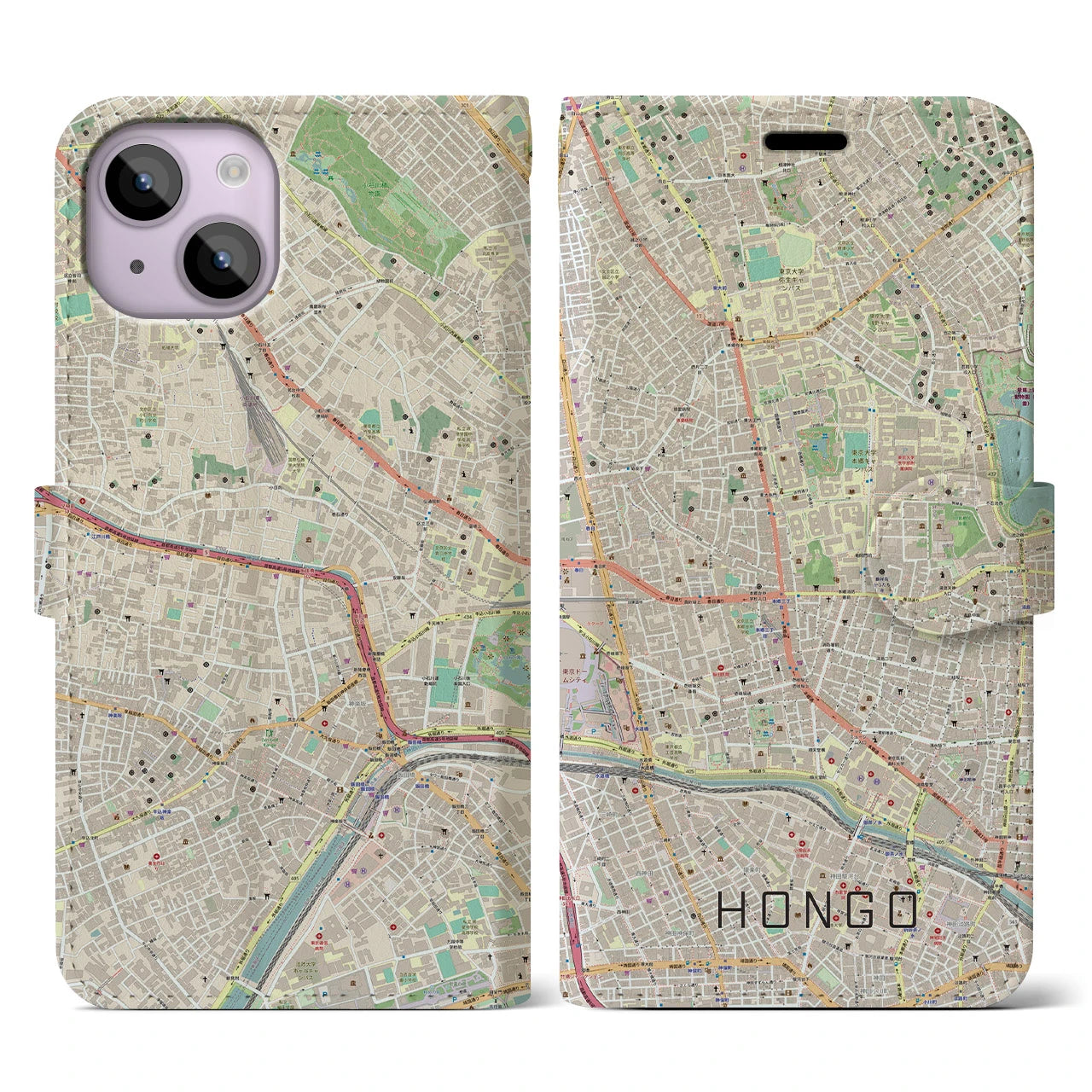 【本郷】地図柄iPhoneケース（手帳両面タイプ・ナチュラル）iPhone 14 用