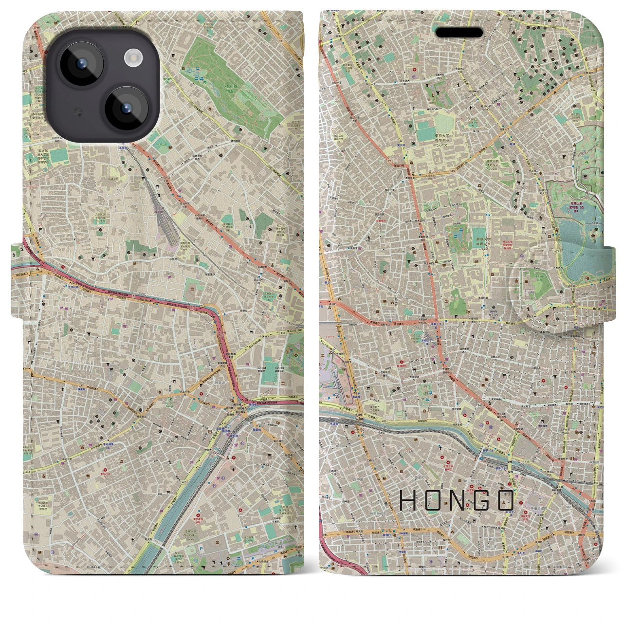 【本郷】地図柄iPhoneケース（手帳両面タイプ・ナチュラル）iPhone 14 Plus 用