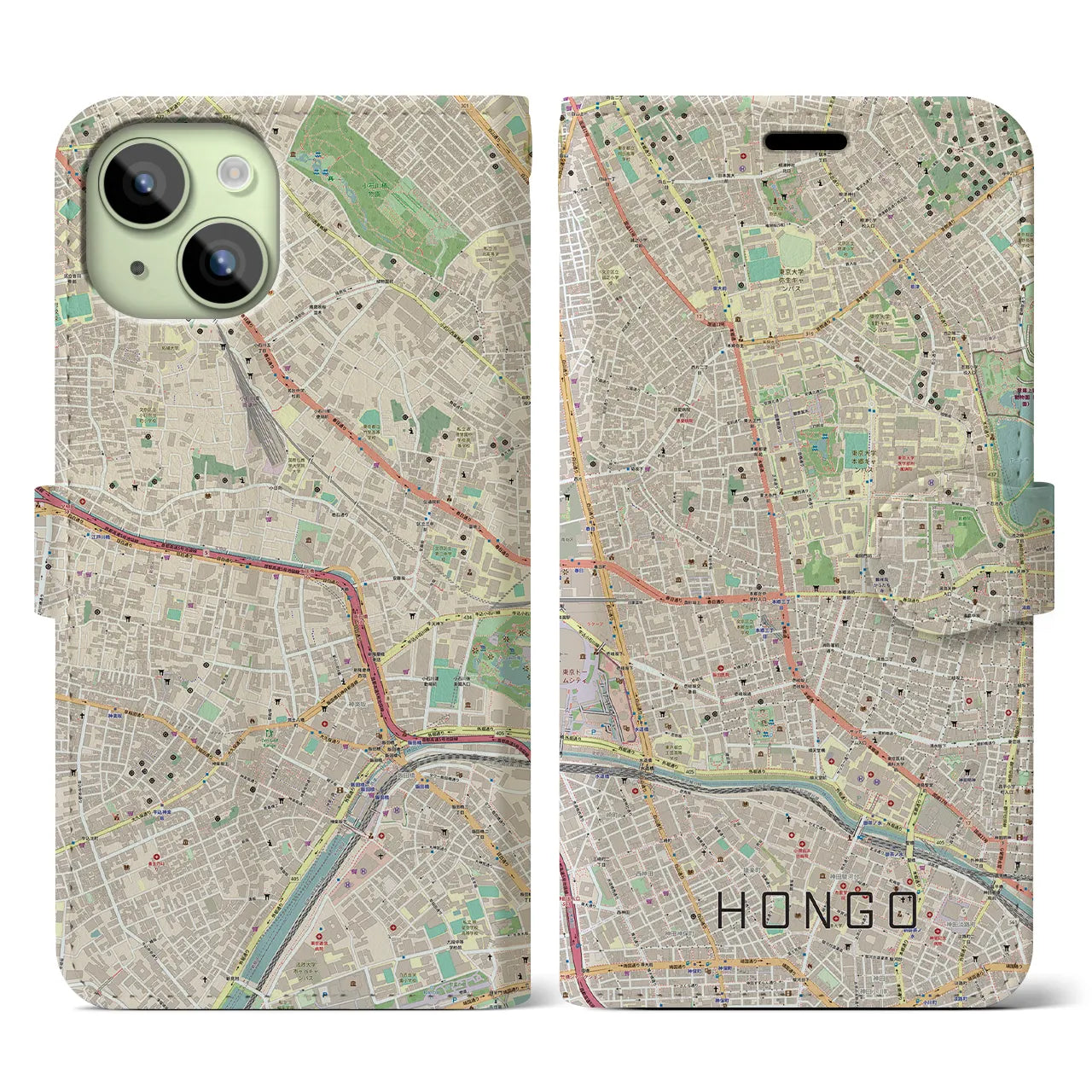 【本郷】地図柄iPhoneケース（手帳両面タイプ・ナチュラル）iPhone 15 用