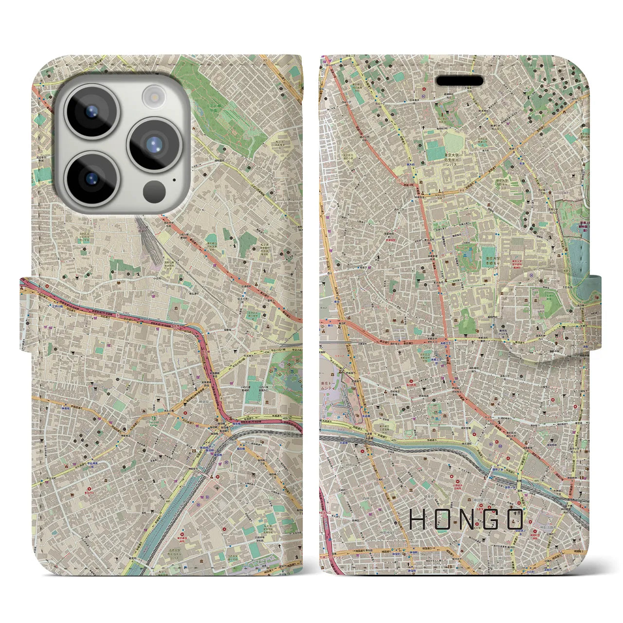 【本郷】地図柄iPhoneケース（手帳両面タイプ・ナチュラル）iPhone 15 Pro 用