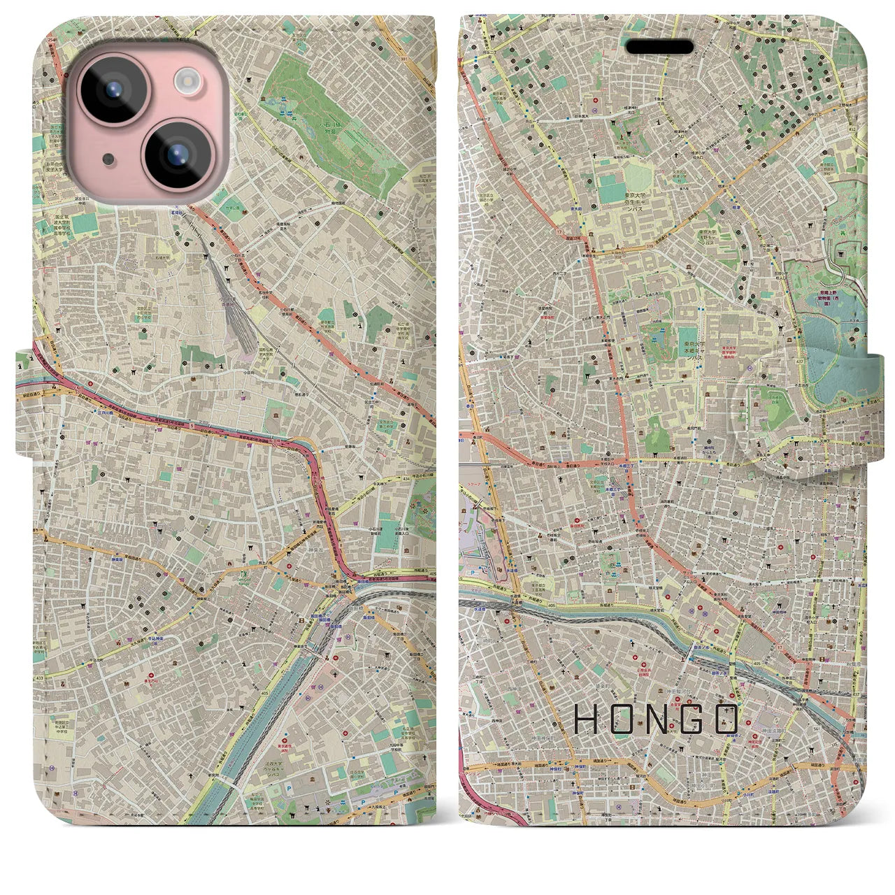 【本郷】地図柄iPhoneケース（手帳両面タイプ・ナチュラル）iPhone 15 Plus 用