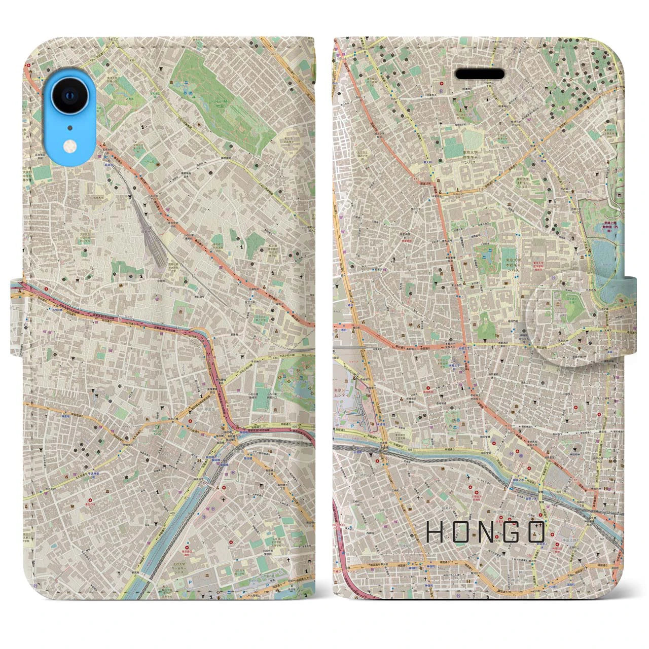 【本郷】地図柄iPhoneケース（手帳両面タイプ・ナチュラル）iPhone XR 用