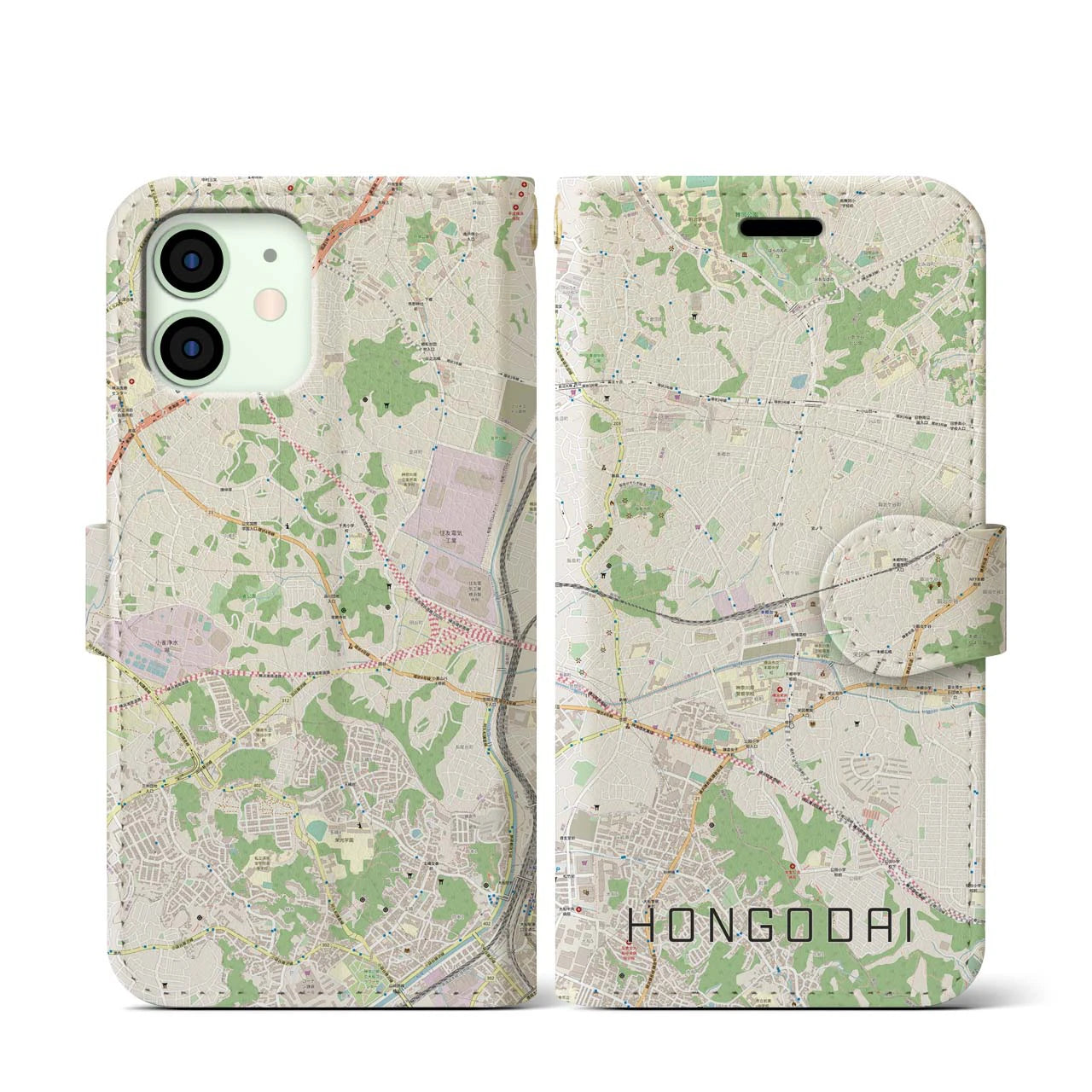 【本郷台】地図柄iPhoneケース（手帳両面タイプ・ナチュラル）iPhone 12 mini 用