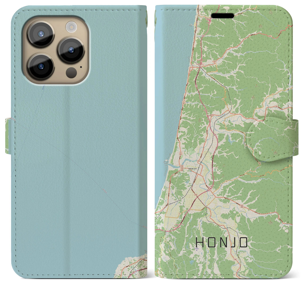 【本荘】地図柄iPhoneケース（手帳両面タイプ・ナチュラル）iPhone 14 Pro Max 用