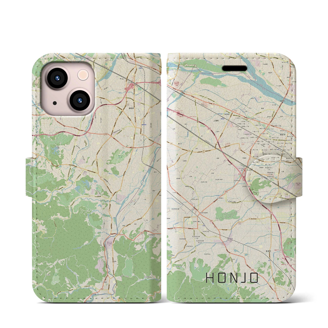 【本庄】地図柄iPhoneケース（手帳両面タイプ・ナチュラル）iPhone 13 mini 用