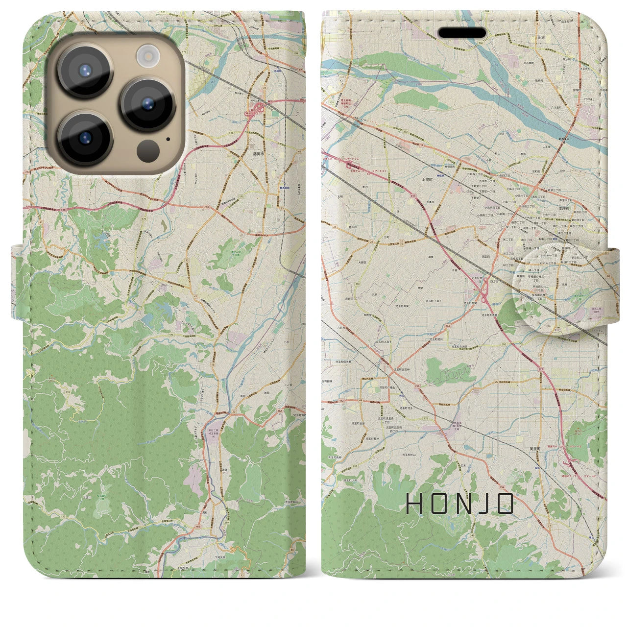 【本庄】地図柄iPhoneケース（手帳両面タイプ・ナチュラル）iPhone 14 Pro Max 用