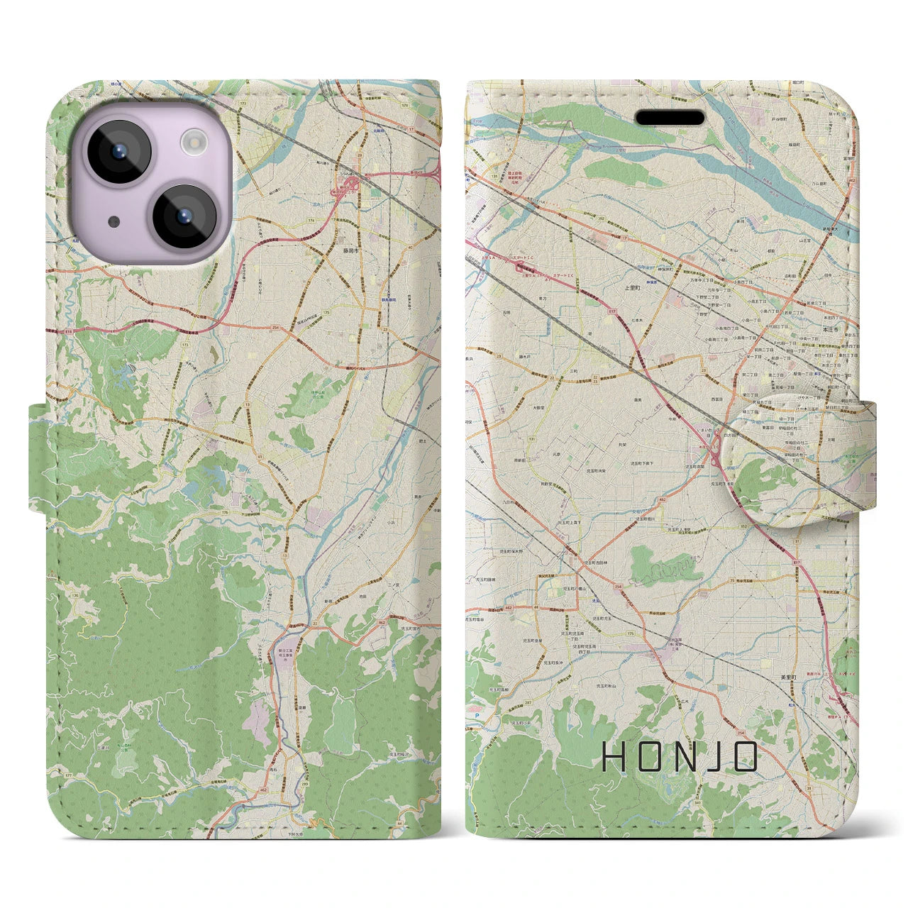 【本庄】地図柄iPhoneケース（手帳両面タイプ・ナチュラル）iPhone 14 用