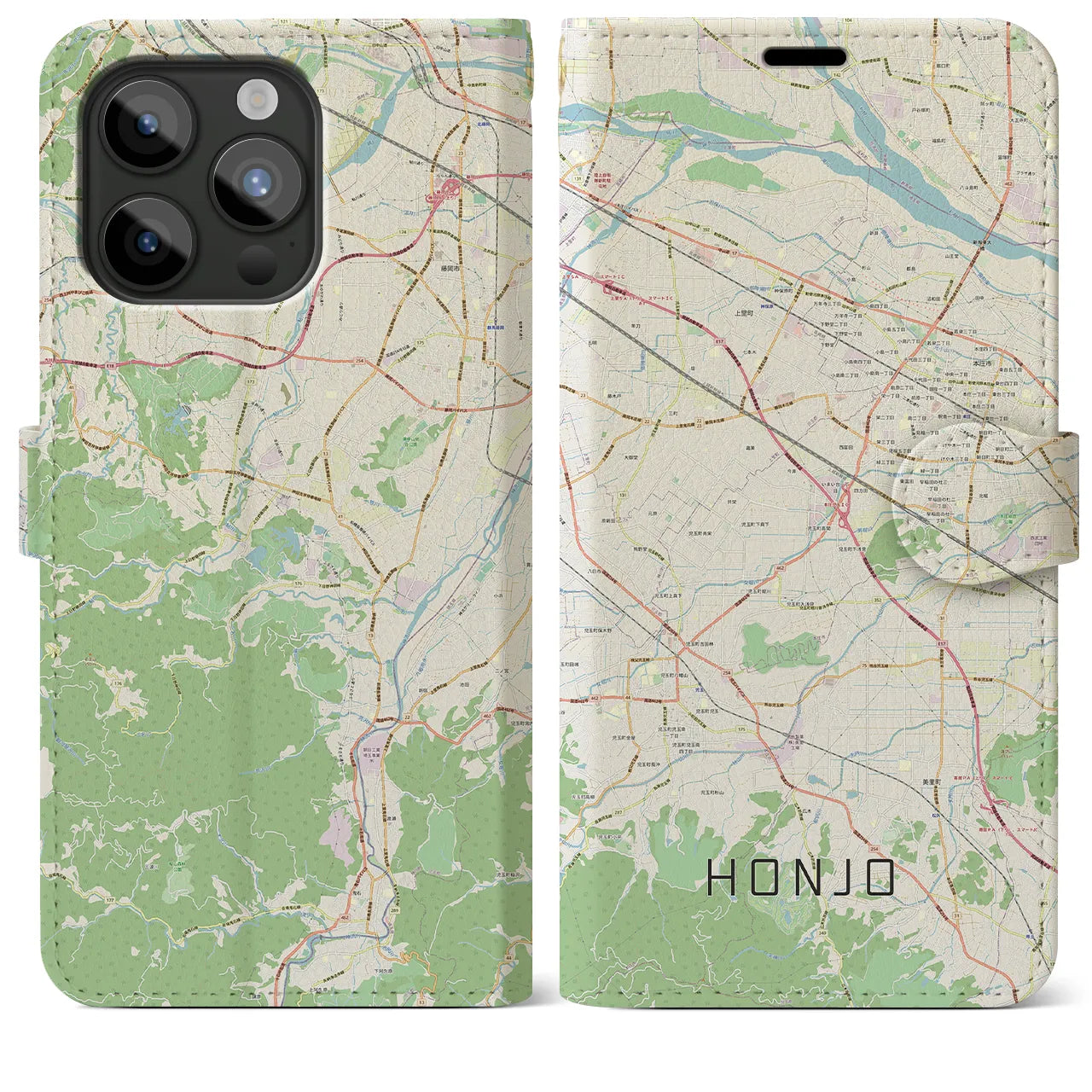 【本庄】地図柄iPhoneケース（手帳両面タイプ・ナチュラル）iPhone 15 Pro Max 用