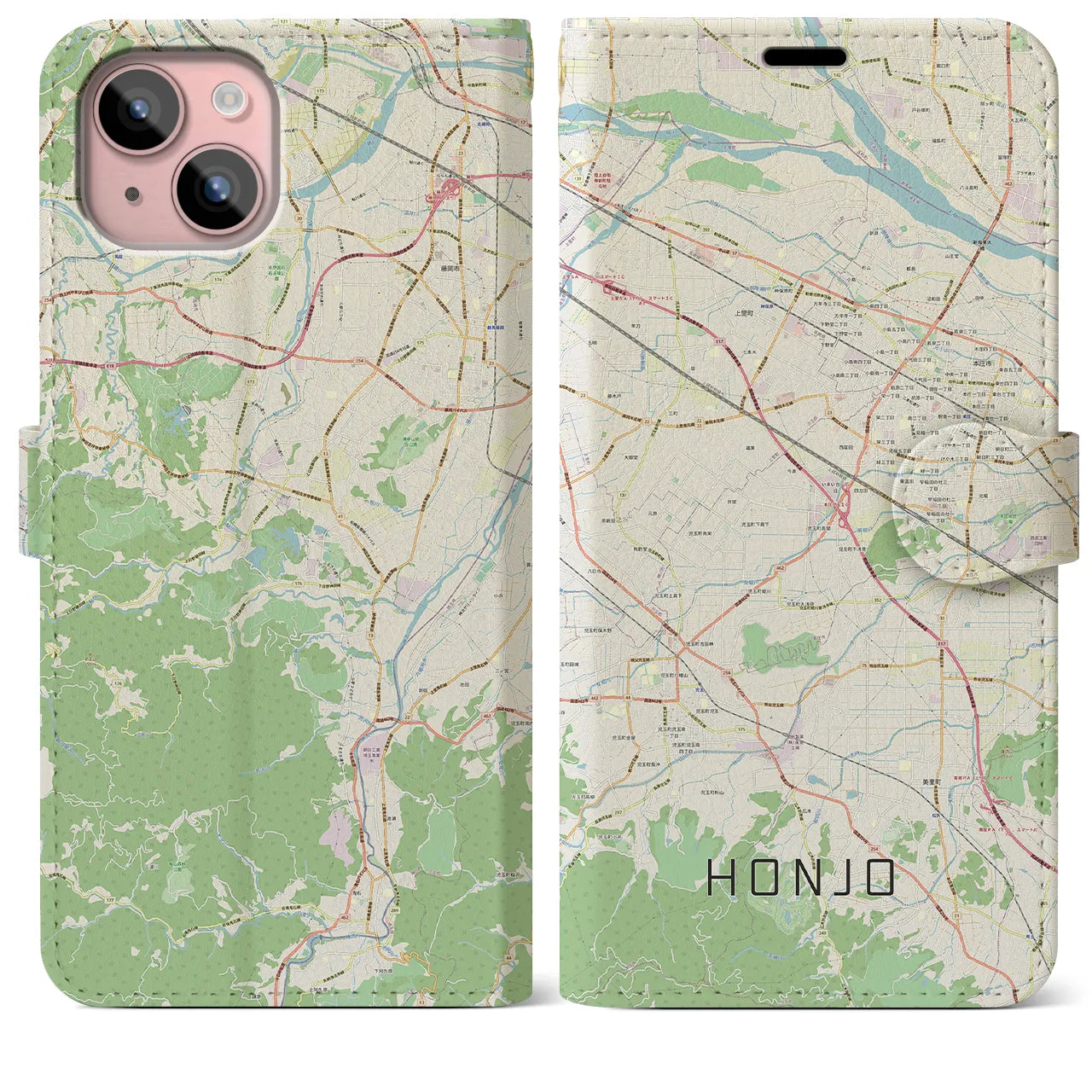 【本庄】地図柄iPhoneケース（手帳両面タイプ・ナチュラル）iPhone 15 Plus 用