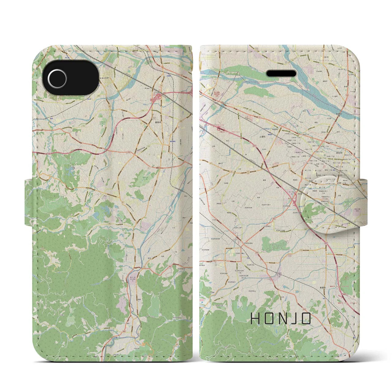 【本庄】地図柄iPhoneケース（手帳両面タイプ・ナチュラル）iPhone SE（第3 / 第2世代） / 8 / 7 / 6s / 6 用