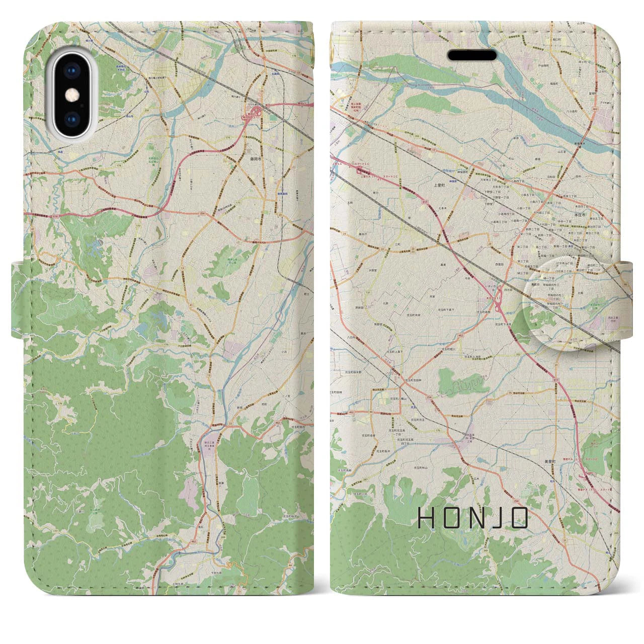 【本庄】地図柄iPhoneケース（手帳両面タイプ・ナチュラル）iPhone XS Max 用
