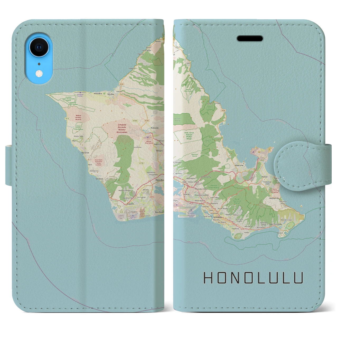 【ホノルル2】地図柄iPhoneケース（手帳両面タイプ・ナチュラル）iPhone XR 用