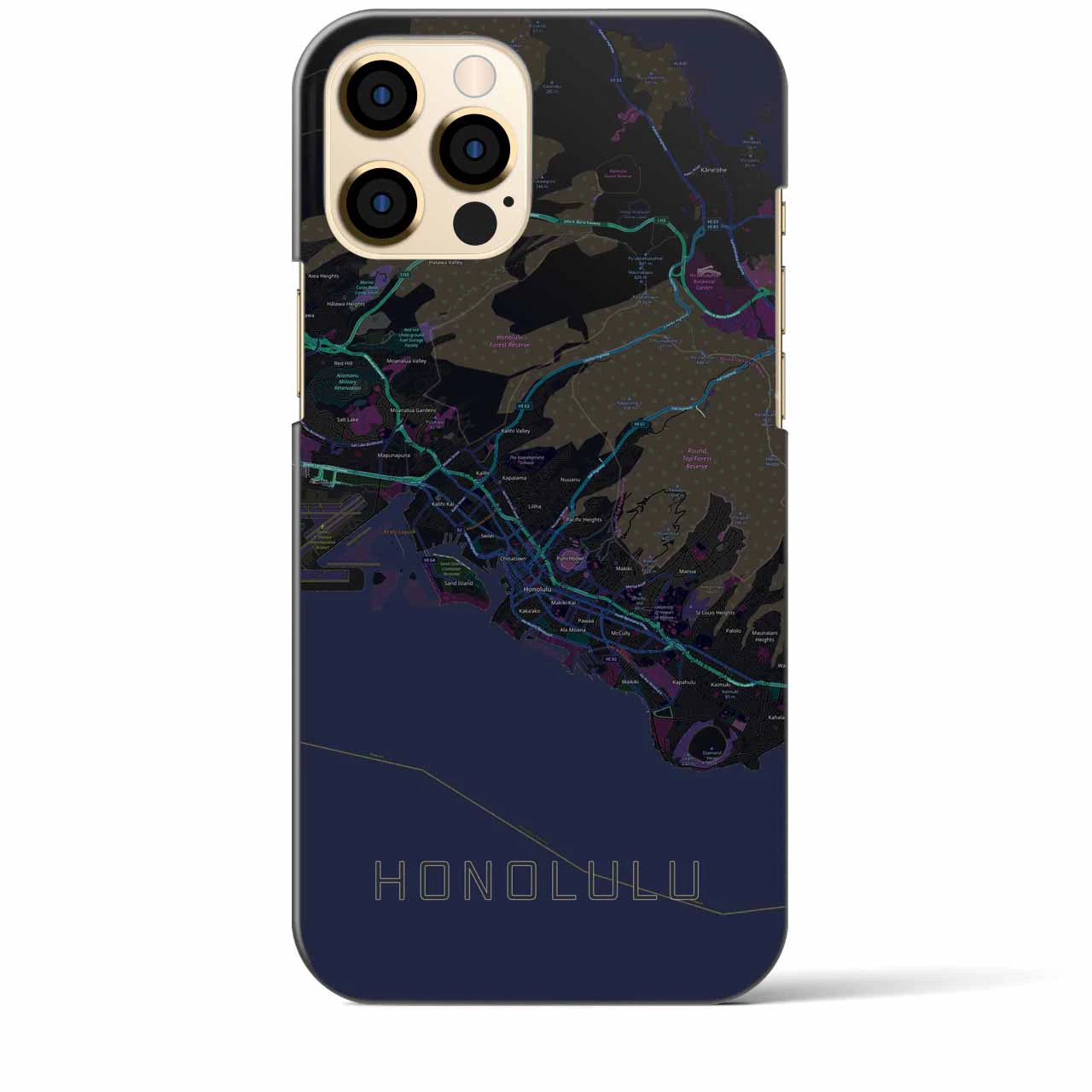 【ホノルル】地図柄iPhoneケース（バックカバータイプ・ブラック）iPhone 12 Pro Max 用