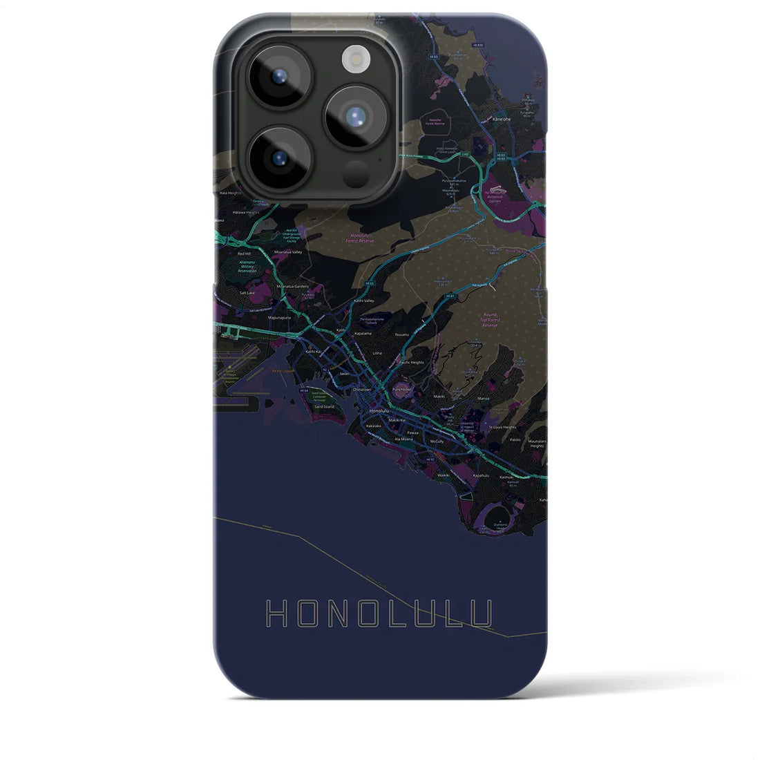 【ホノルル】地図柄iPhoneケース（バックカバータイプ・ブラック）iPhone 15 Pro Max 用
