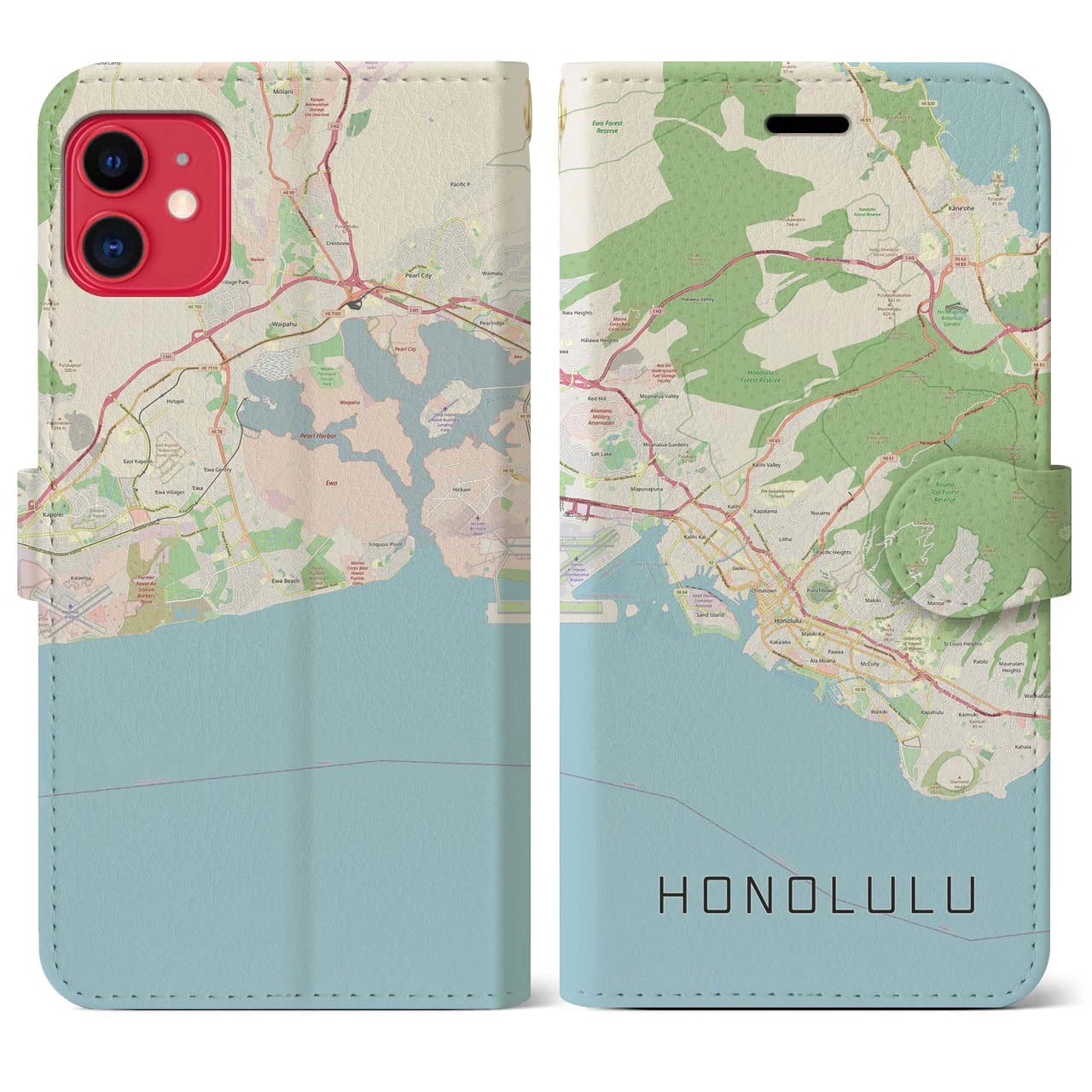 【ホノルル】地図柄iPhoneケース（手帳両面タイプ・ナチュラル）iPhone 11 用