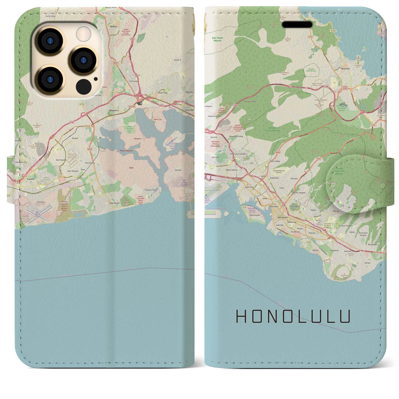 【ホノルル】地図柄iPhoneケース（手帳両面タイプ・ナチュラル）iPhone 12 Pro Max 用