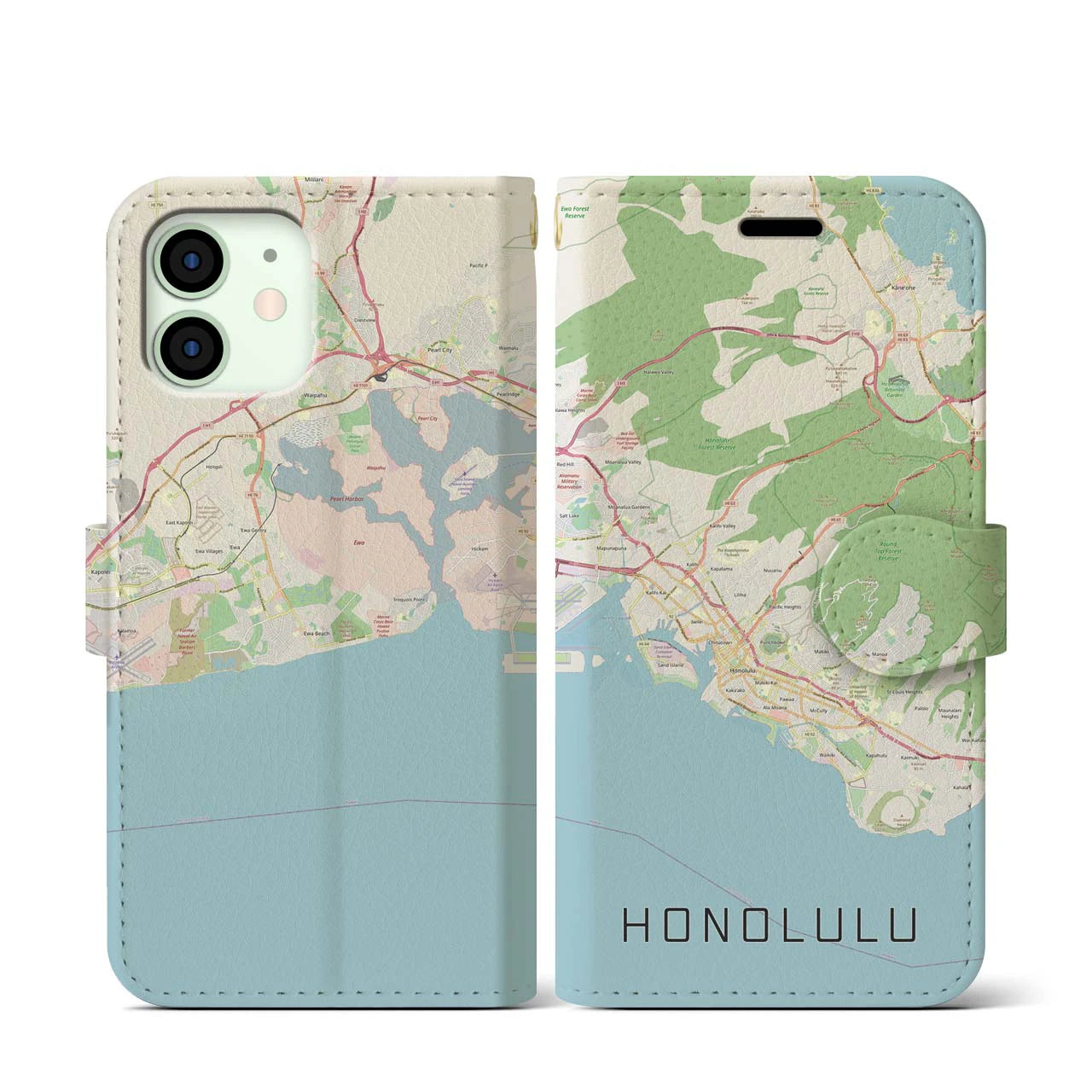 【ホノルル】地図柄iPhoneケース（手帳両面タイプ・ナチュラル）iPhone 12 mini 用