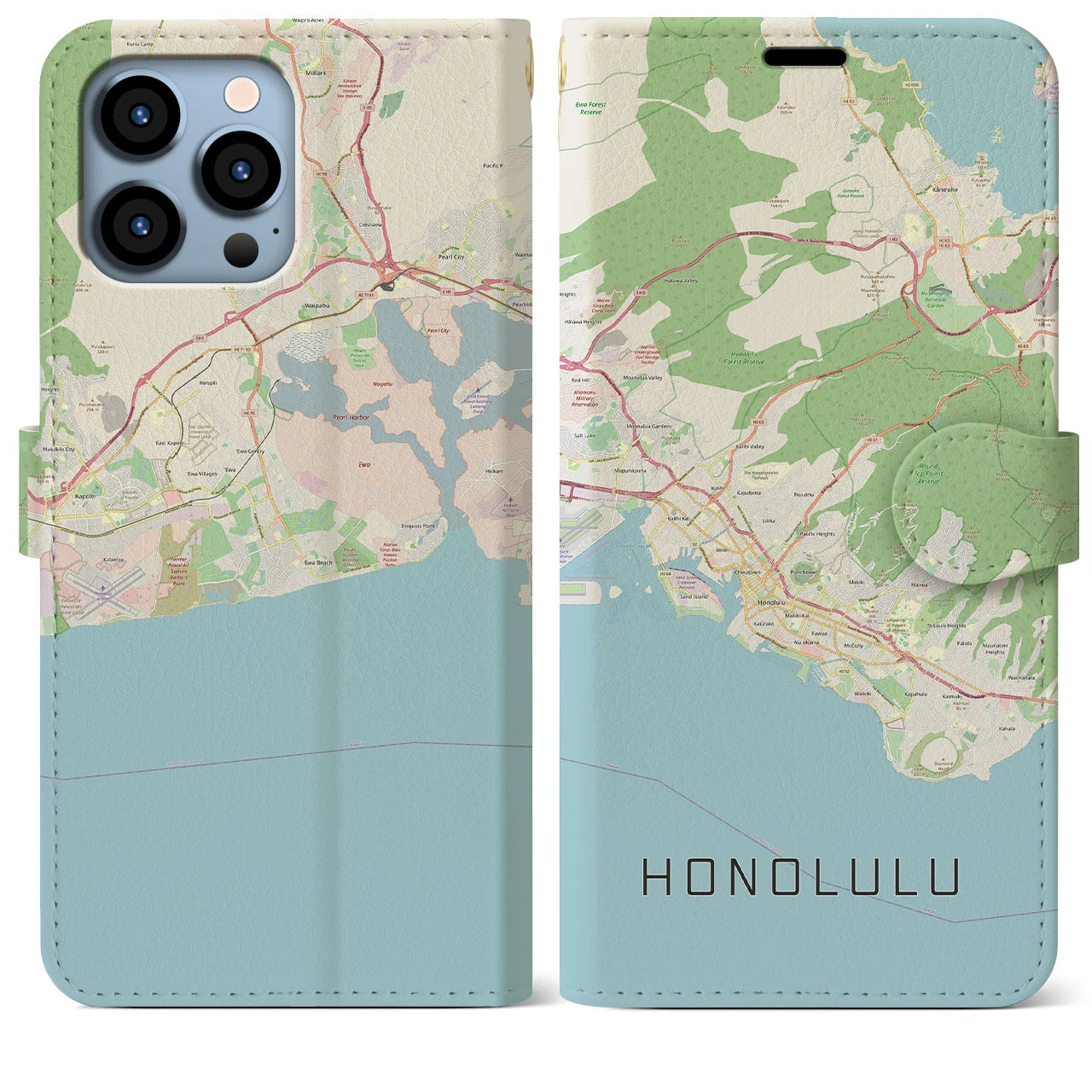 【ホノルル】地図柄iPhoneケース（手帳両面タイプ・ナチュラル）iPhone 13 Pro Max 用