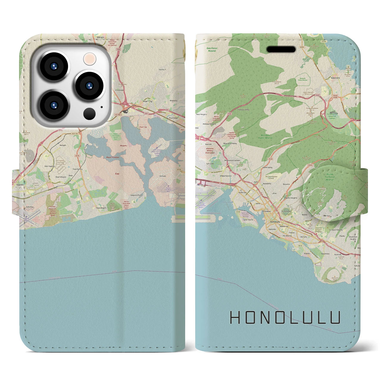 【ホノルル】地図柄iPhoneケース（手帳両面タイプ・ナチュラル）iPhone 13 Pro 用