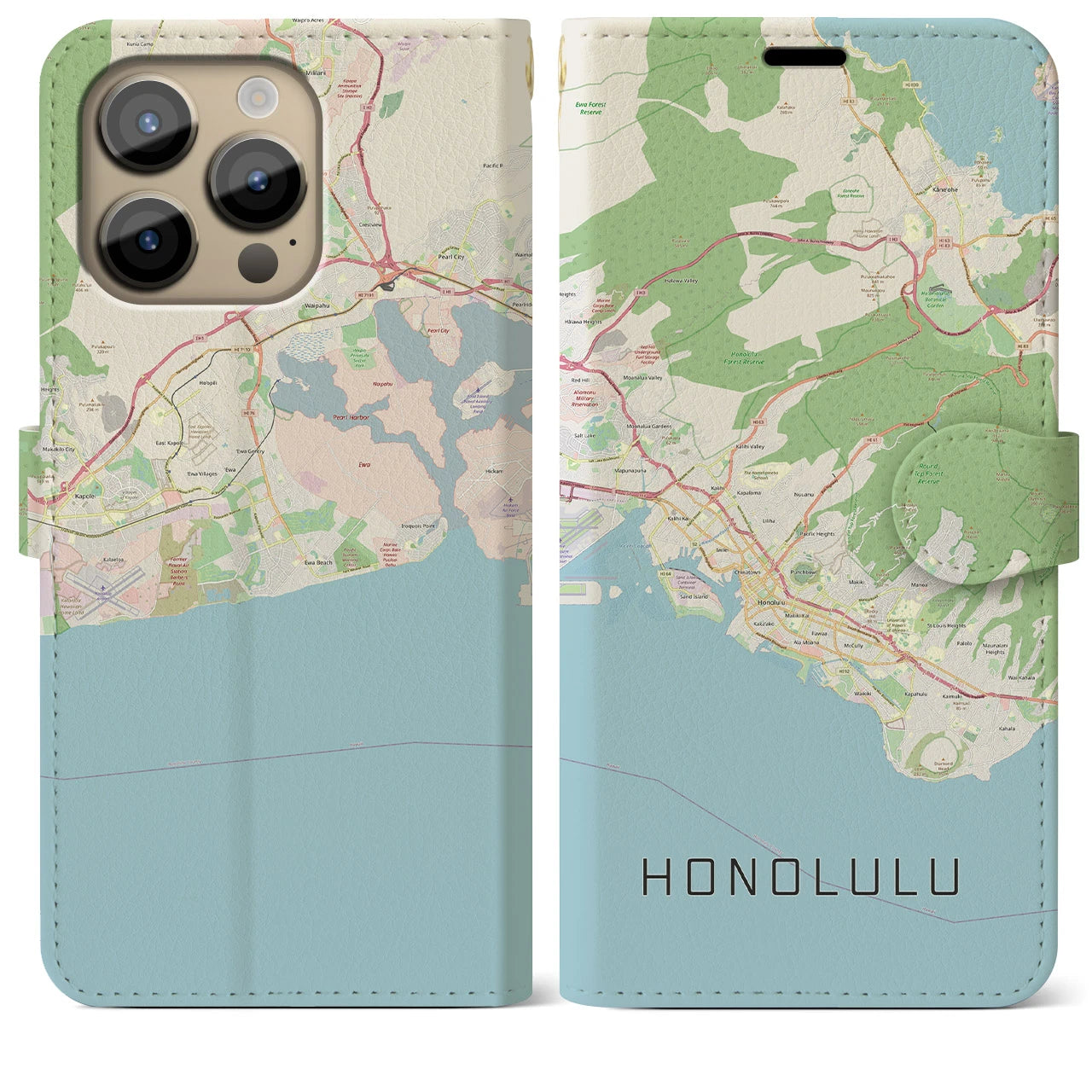 【ホノルル】地図柄iPhoneケース（手帳両面タイプ・ナチュラル）iPhone 14 Pro Max 用