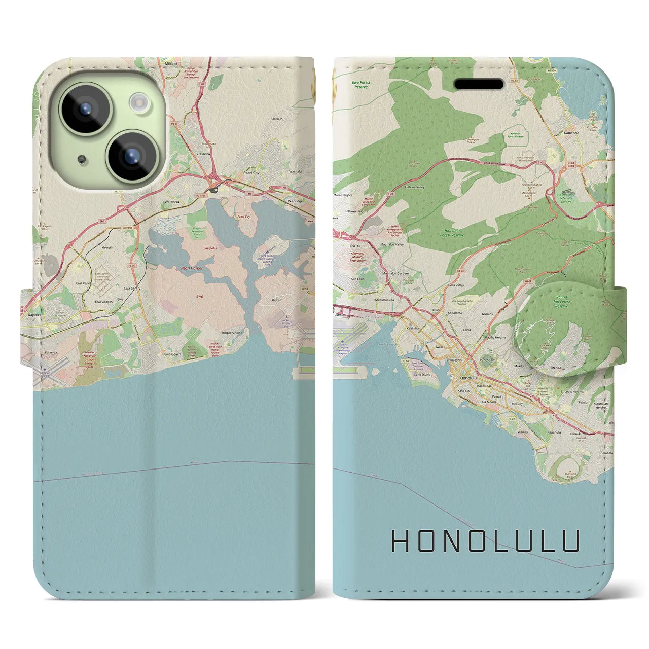 【ホノルル】地図柄iPhoneケース（手帳両面タイプ・ナチュラル）iPhone 15 用