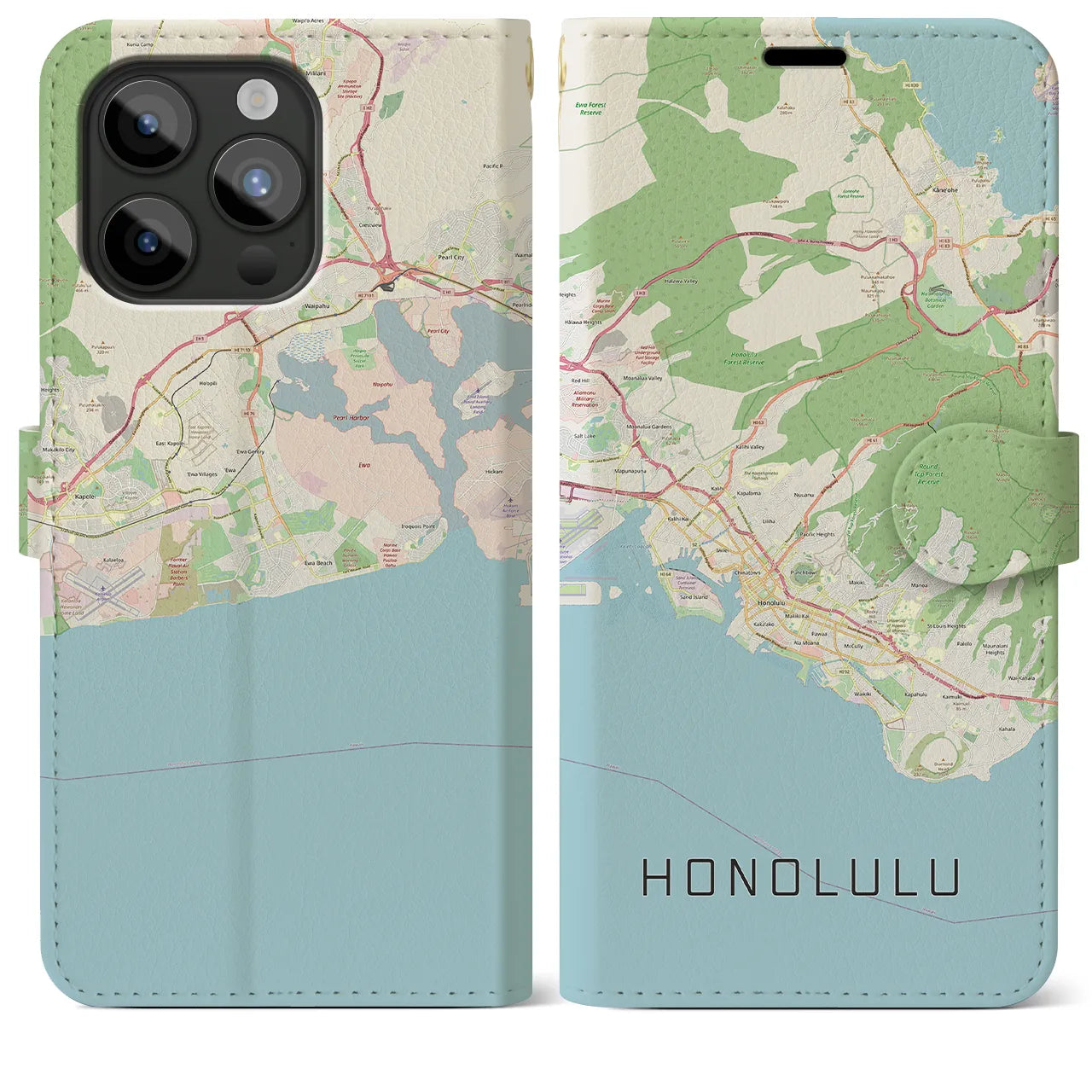 【ホノルル】地図柄iPhoneケース（手帳両面タイプ・ナチュラル）iPhone 15 Pro Max 用