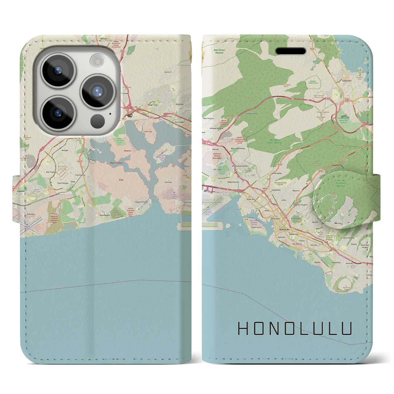 【ホノルル】地図柄iPhoneケース（手帳両面タイプ・ナチュラル）iPhone 15 Pro 用