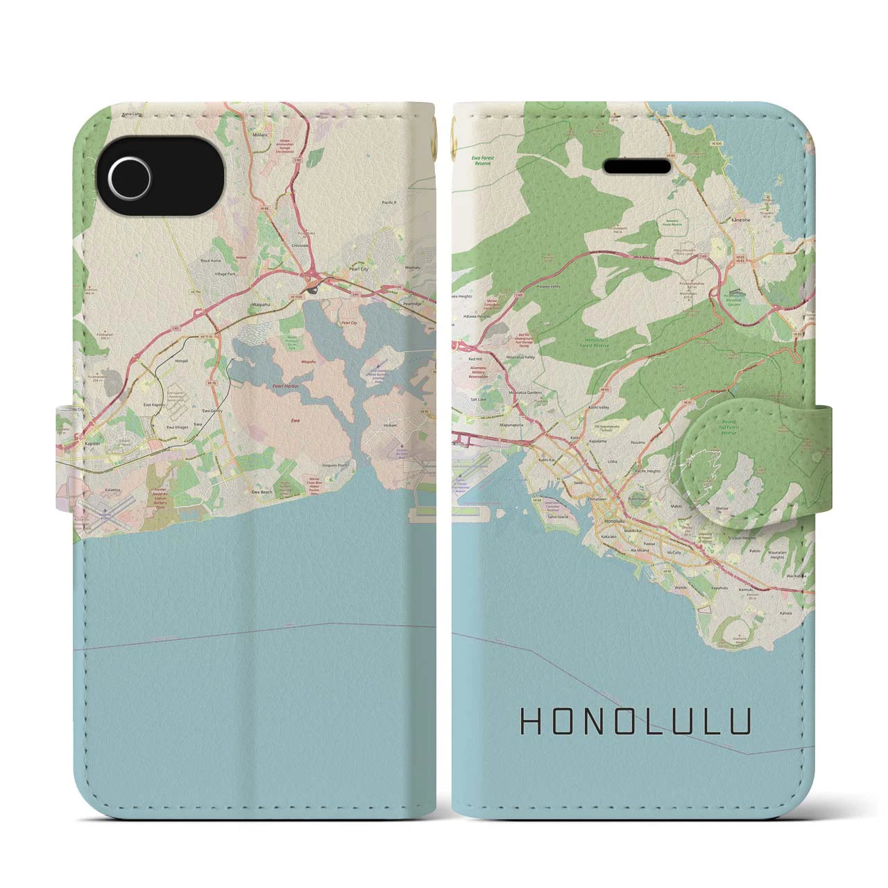 【ホノルル】地図柄iPhoneケース（手帳両面タイプ・ナチュラル）iPhone SE（第3 / 第2世代） / 8 / 7 / 6s / 6 用