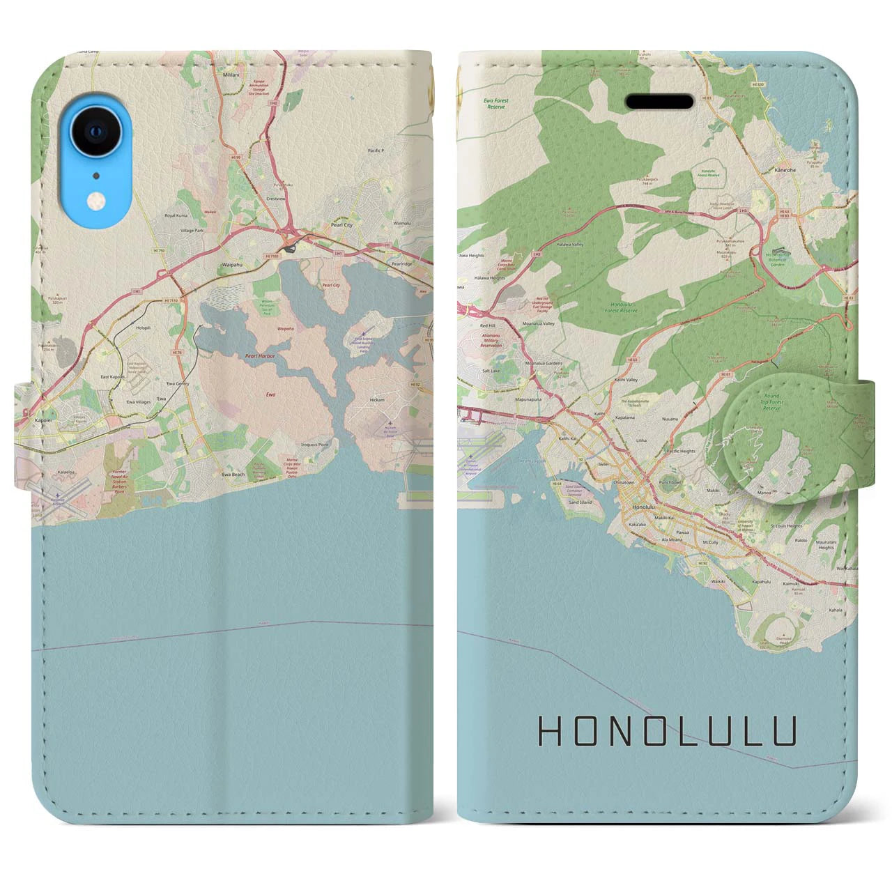 【ホノルル】地図柄iPhoneケース（手帳両面タイプ・ナチュラル）iPhone XR 用