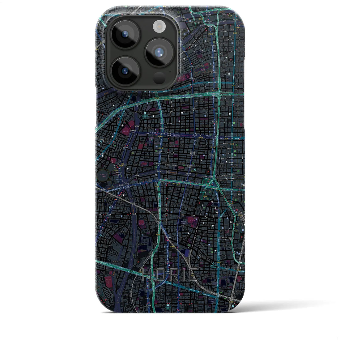 【堀江】地図柄iPhoneケース（バックカバータイプ・ブラック）iPhone 15 Pro Max 用
