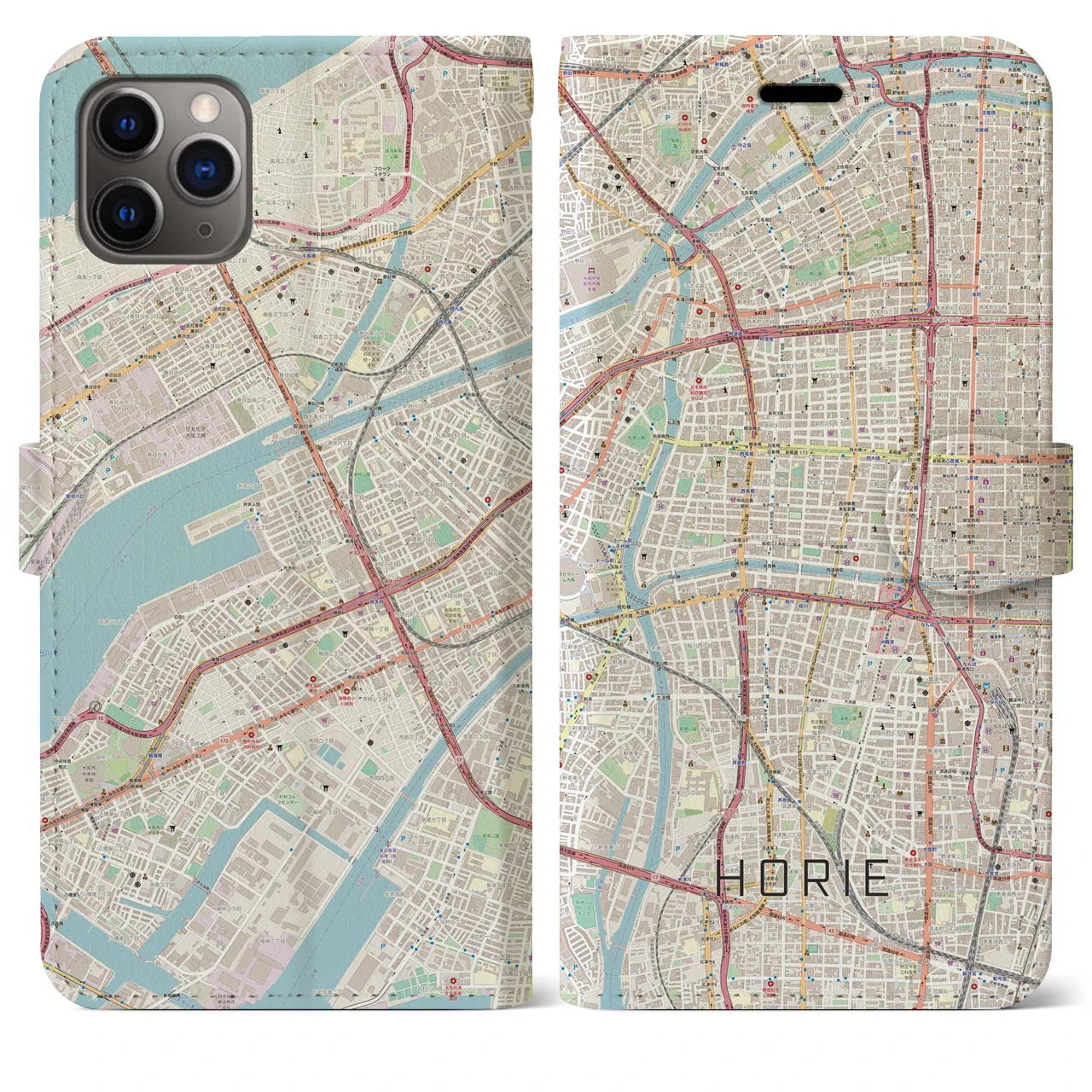 【堀江】地図柄iPhoneケース（手帳両面タイプ・ナチュラル）iPhone 11 Pro Max 用