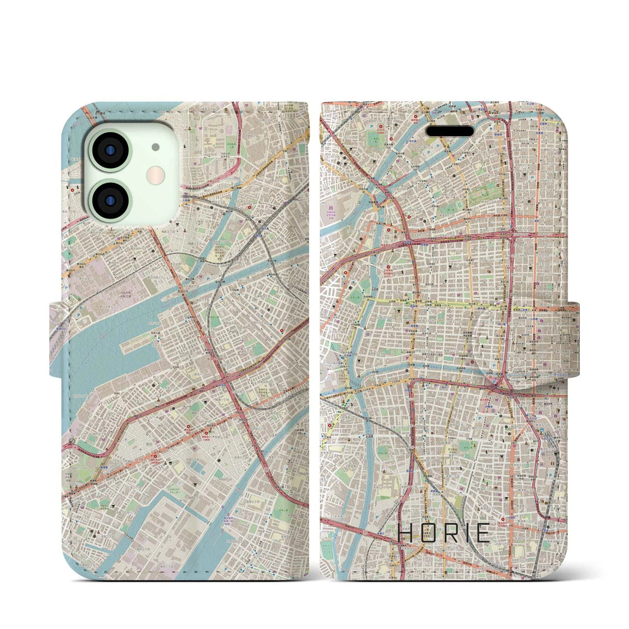 【堀江】地図柄iPhoneケース（手帳両面タイプ・ナチュラル）iPhone 12 mini 用