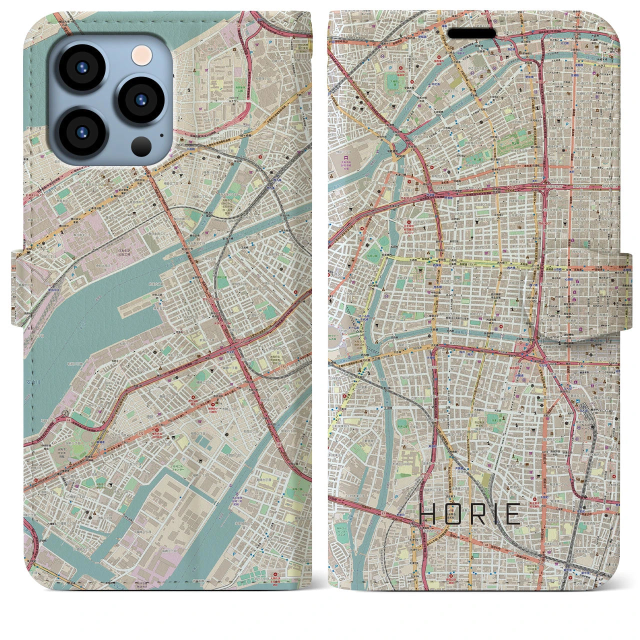 【堀江】地図柄iPhoneケース（手帳両面タイプ・ナチュラル）iPhone 13 Pro Max 用
