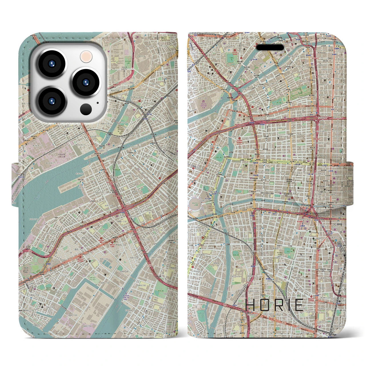 【堀江】地図柄iPhoneケース（手帳両面タイプ・ナチュラル）iPhone 13 Pro 用