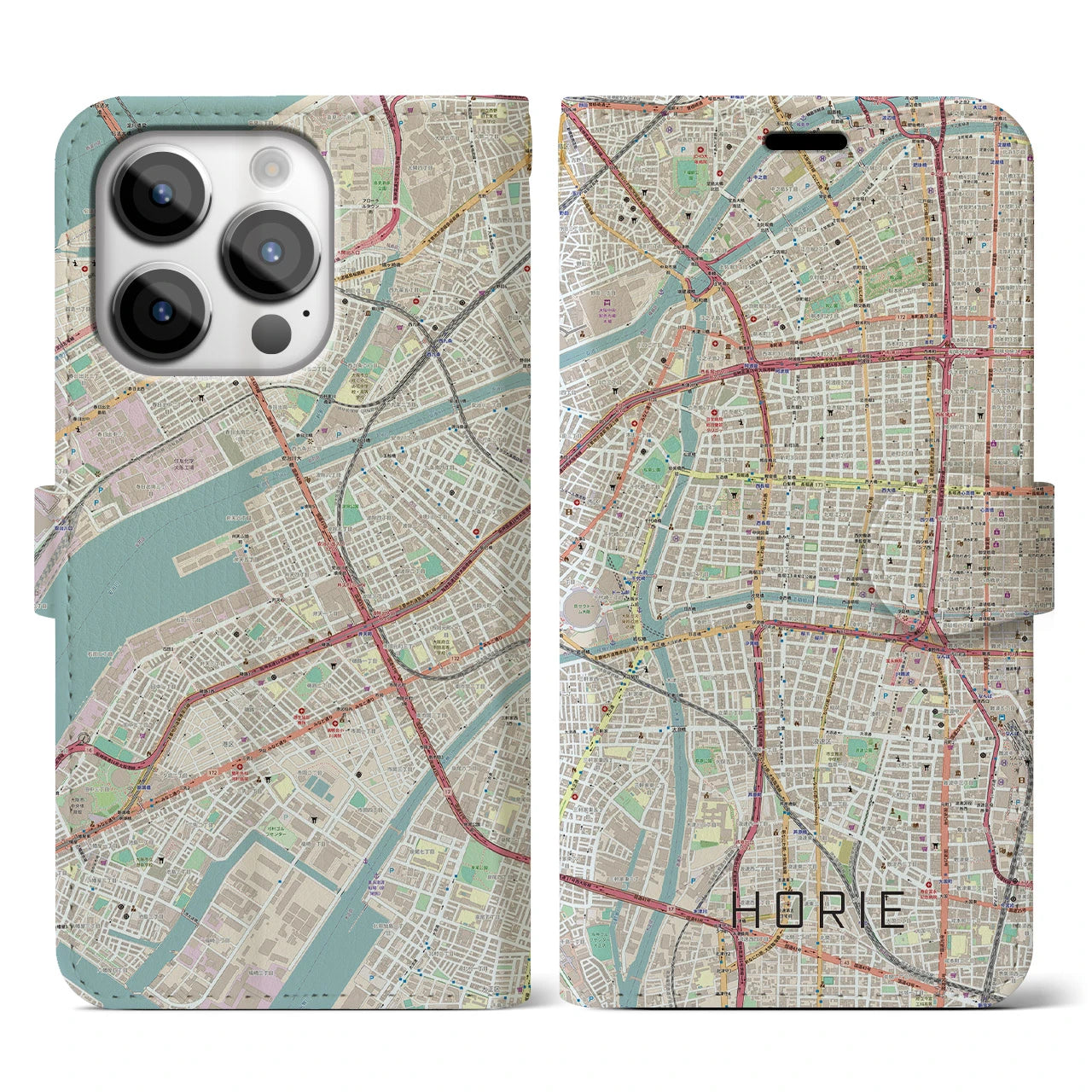 【堀江】地図柄iPhoneケース（手帳両面タイプ・ナチュラル）iPhone 14 Pro 用