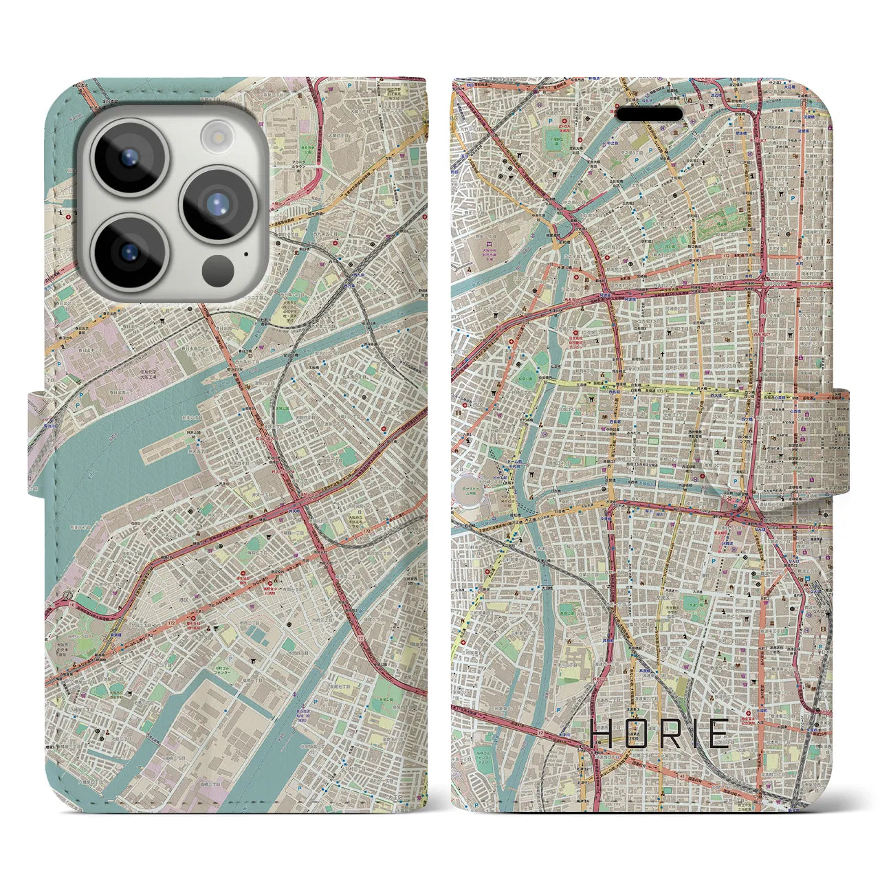 【堀江】地図柄iPhoneケース（手帳両面タイプ・ナチュラル）iPhone 15 Pro 用