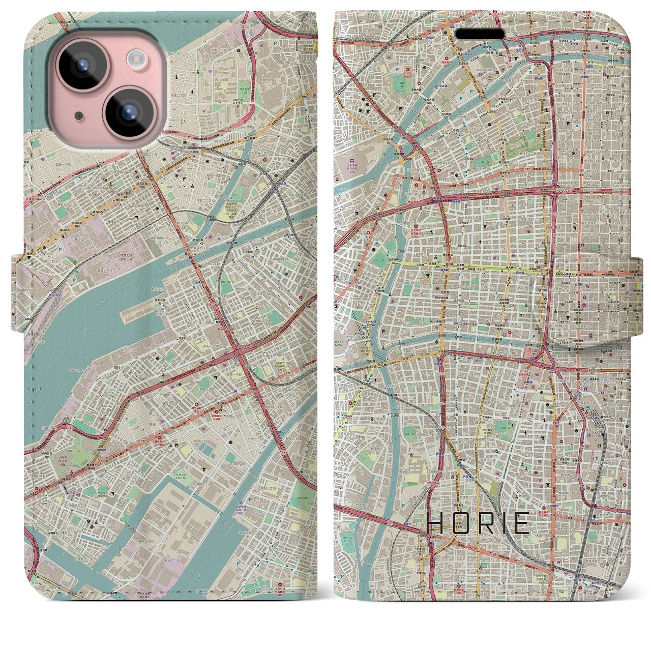 【堀江】地図柄iPhoneケース（手帳両面タイプ・ナチュラル）iPhone 15 Plus 用