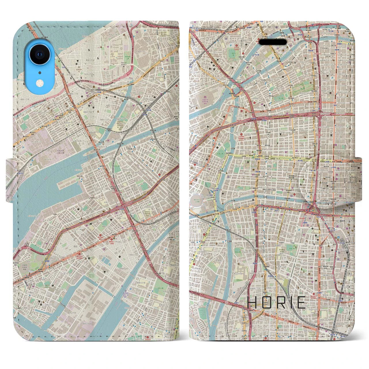 【堀江】地図柄iPhoneケース（手帳両面タイプ・ナチュラル）iPhone XR 用